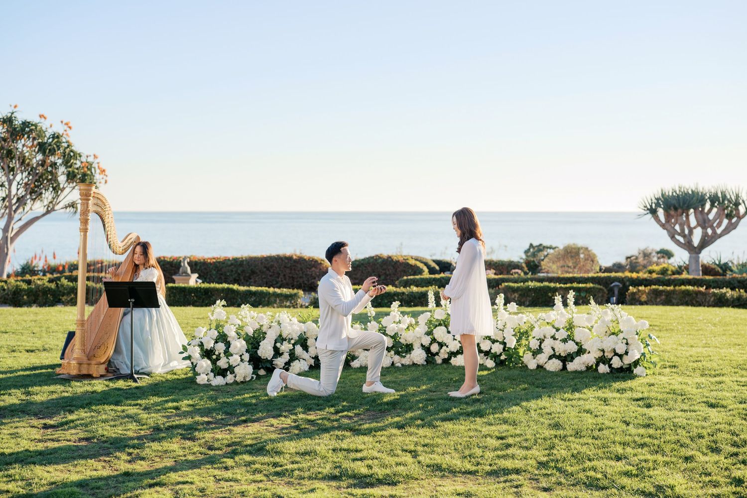 A group of people in white dresses sit on a grassy hillside overlooking the ocean during sunset.