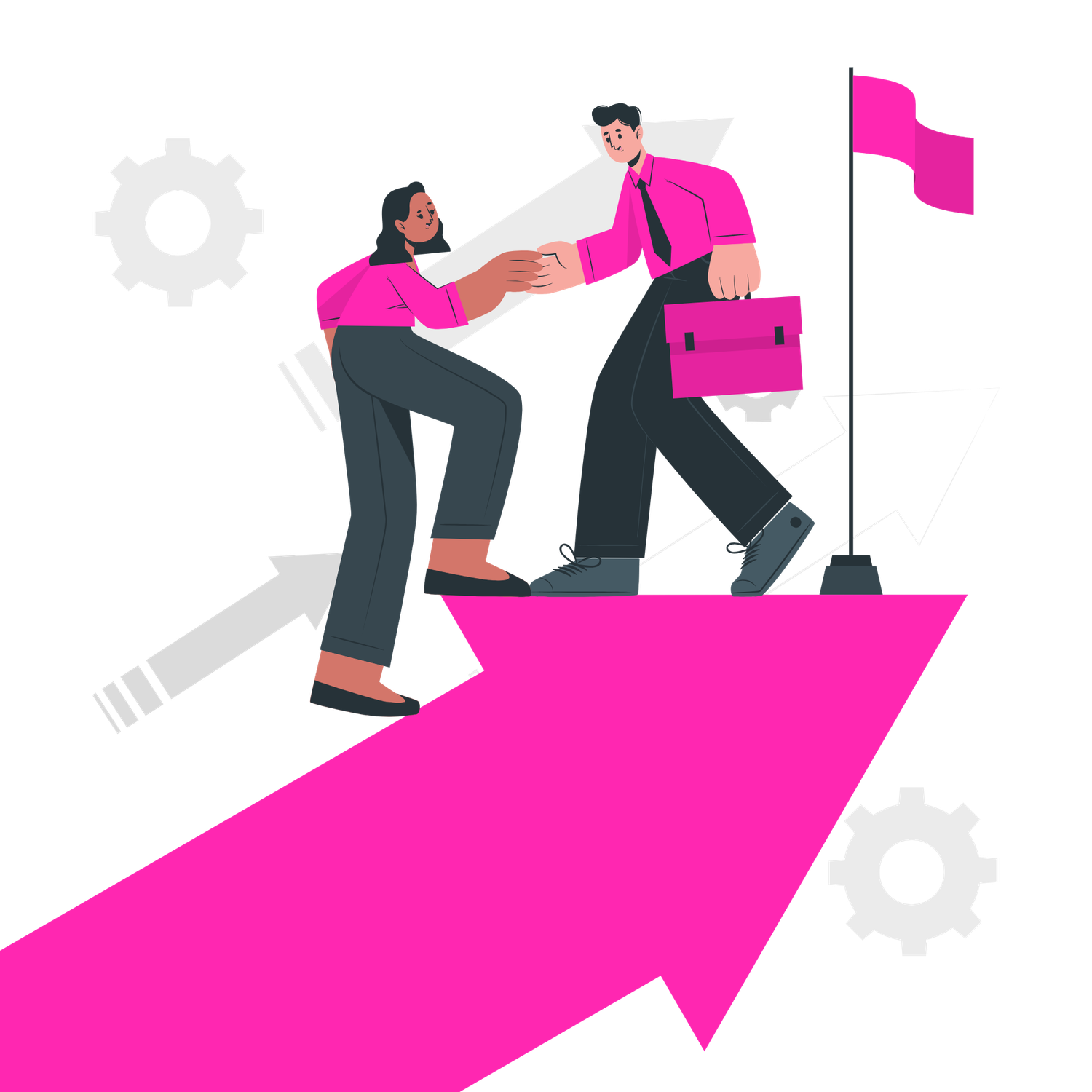 Two business professionals shaking hands on a pink arrow, symbolizing partnership, growth, and success with a flag goal.