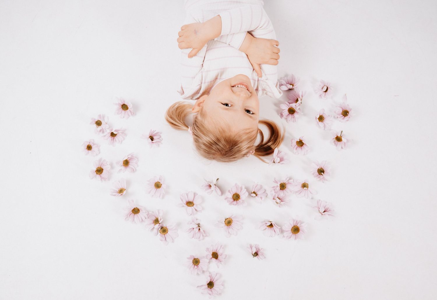 A dreamy overhead view of someone lying on white background surrounded by delicate pink cherry blossoms in a heart shape.