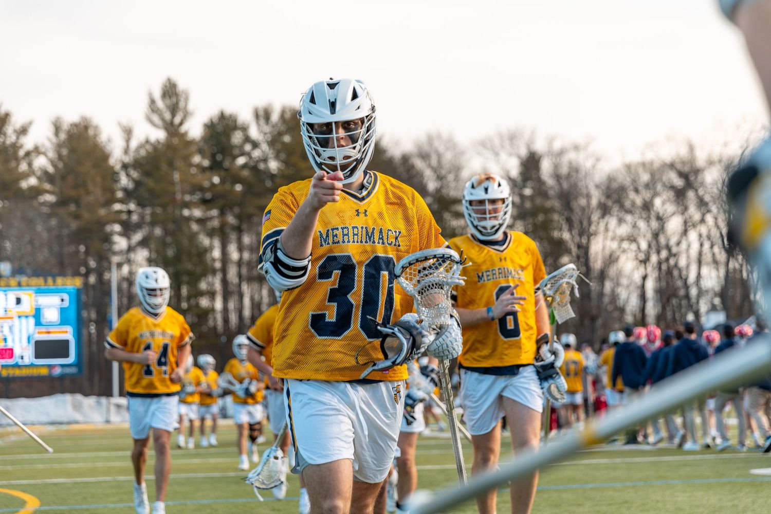 Lacrosse players in yellow jerseys compete during an outdoor match on a sunny day.