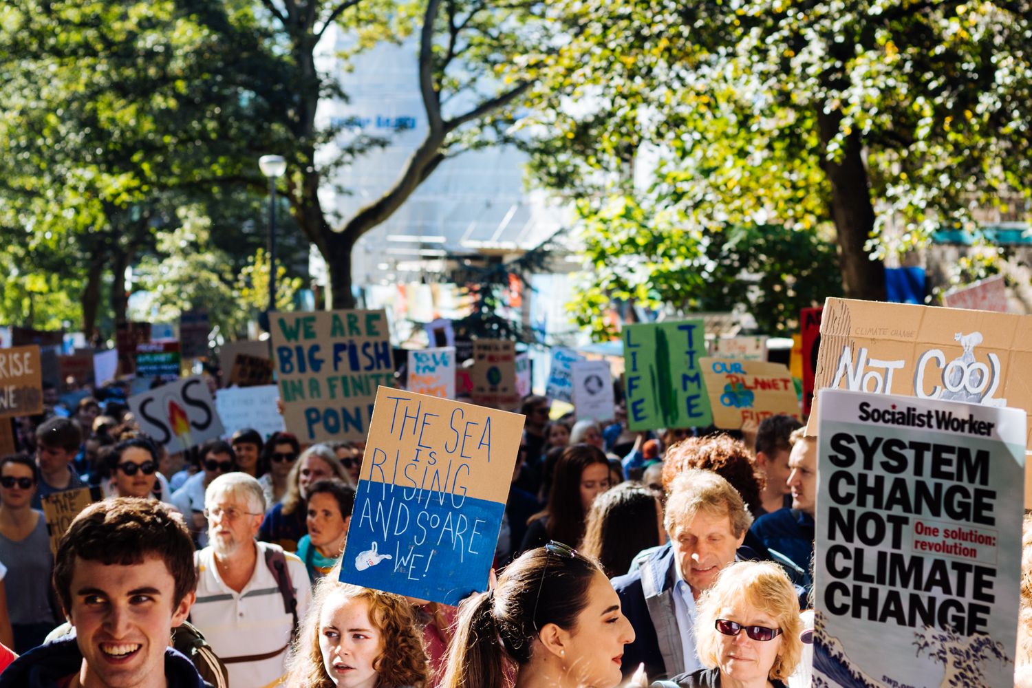Large crowd of climate protesters holding signs in a city street demanding climate change action and reform.