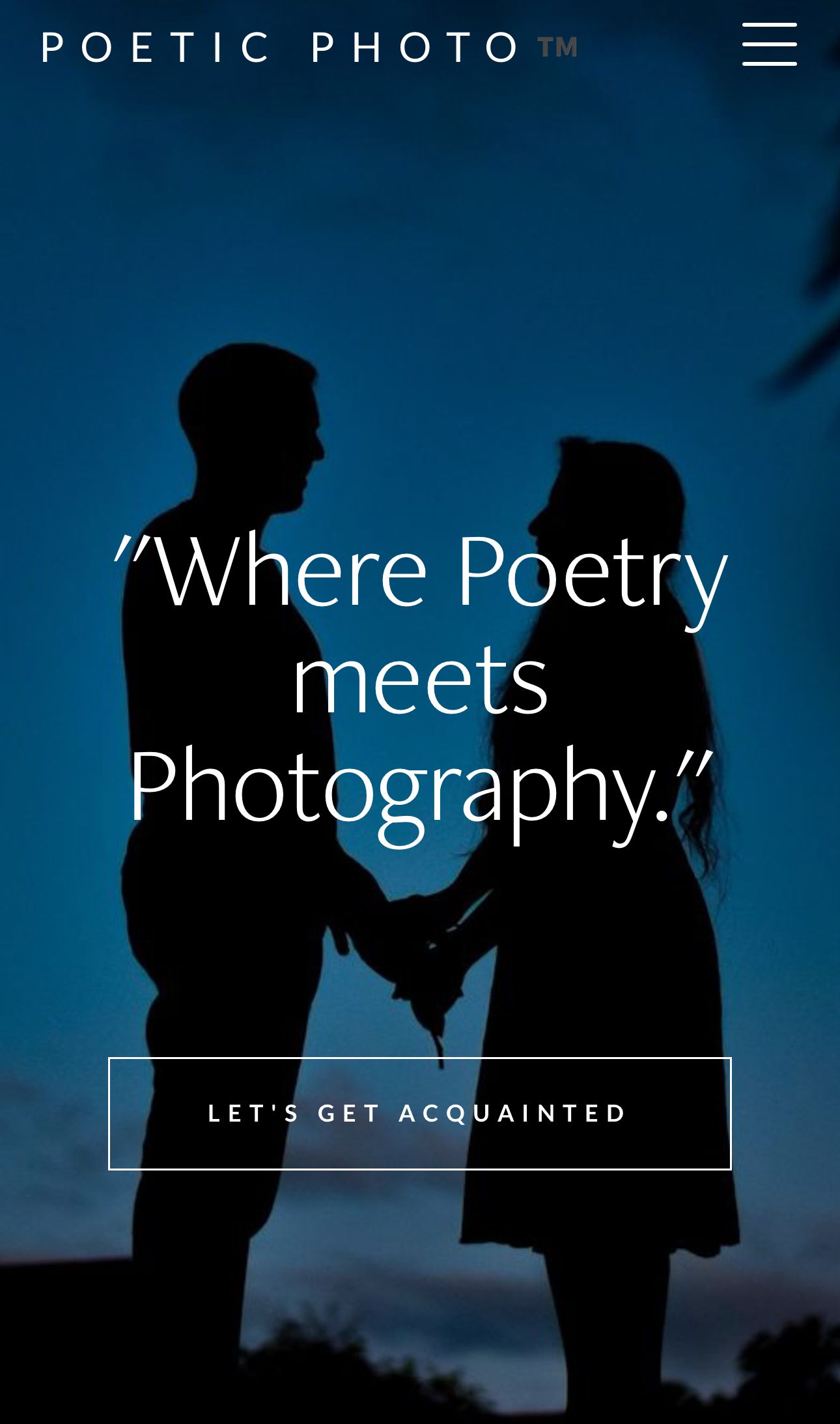 Silhouette of couple holding hands against blue twilight sky with poetic text overlay.