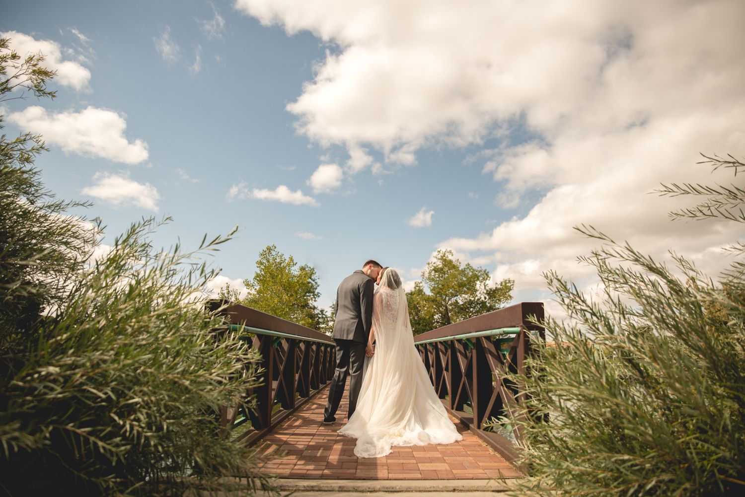 A couple shares an intimate moment on a rustic wooden bridge surrounded by tall grasses.
