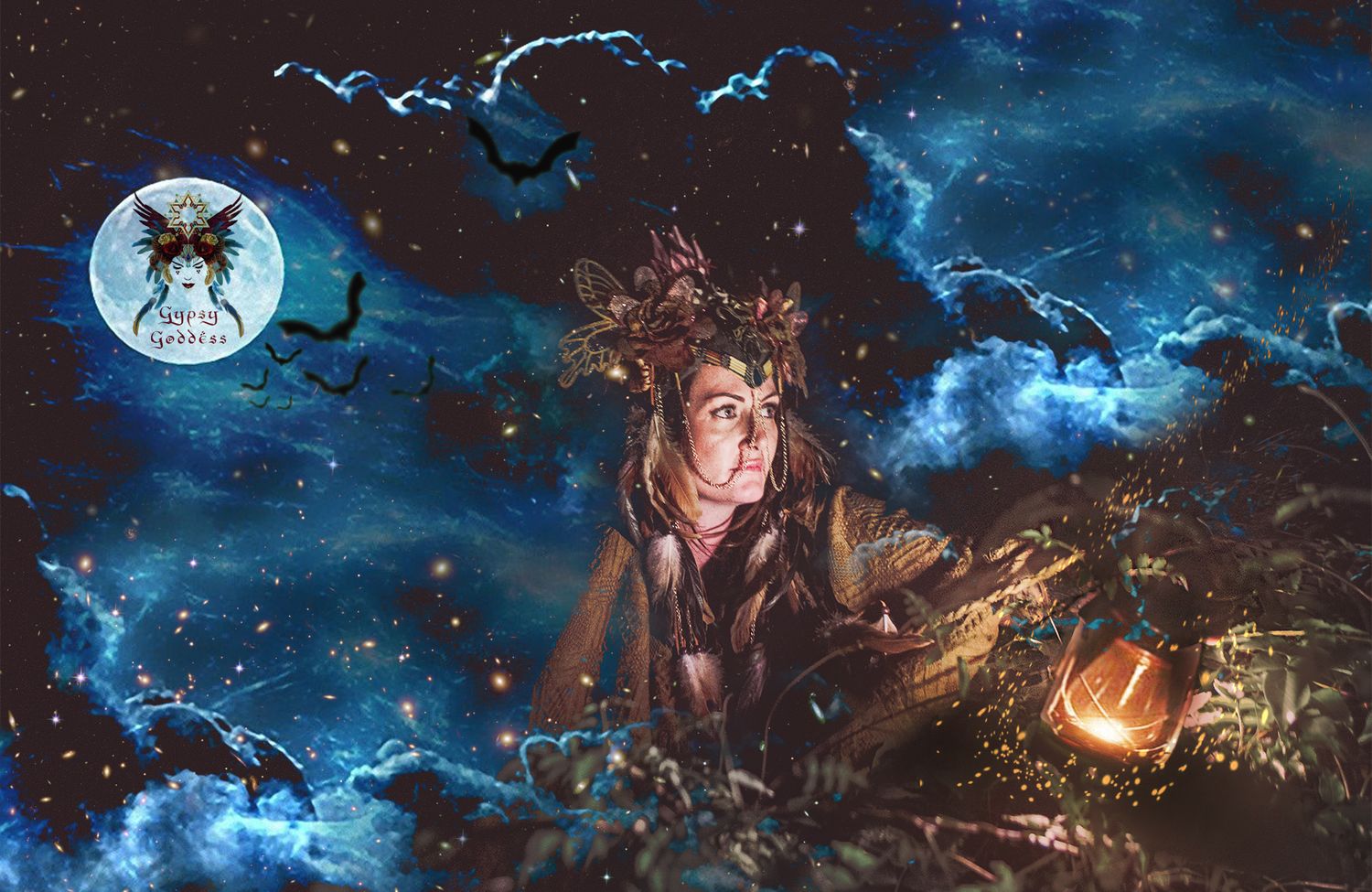 Fantasy themed portrait with magical effects and glowing moon in dark stormy sky.