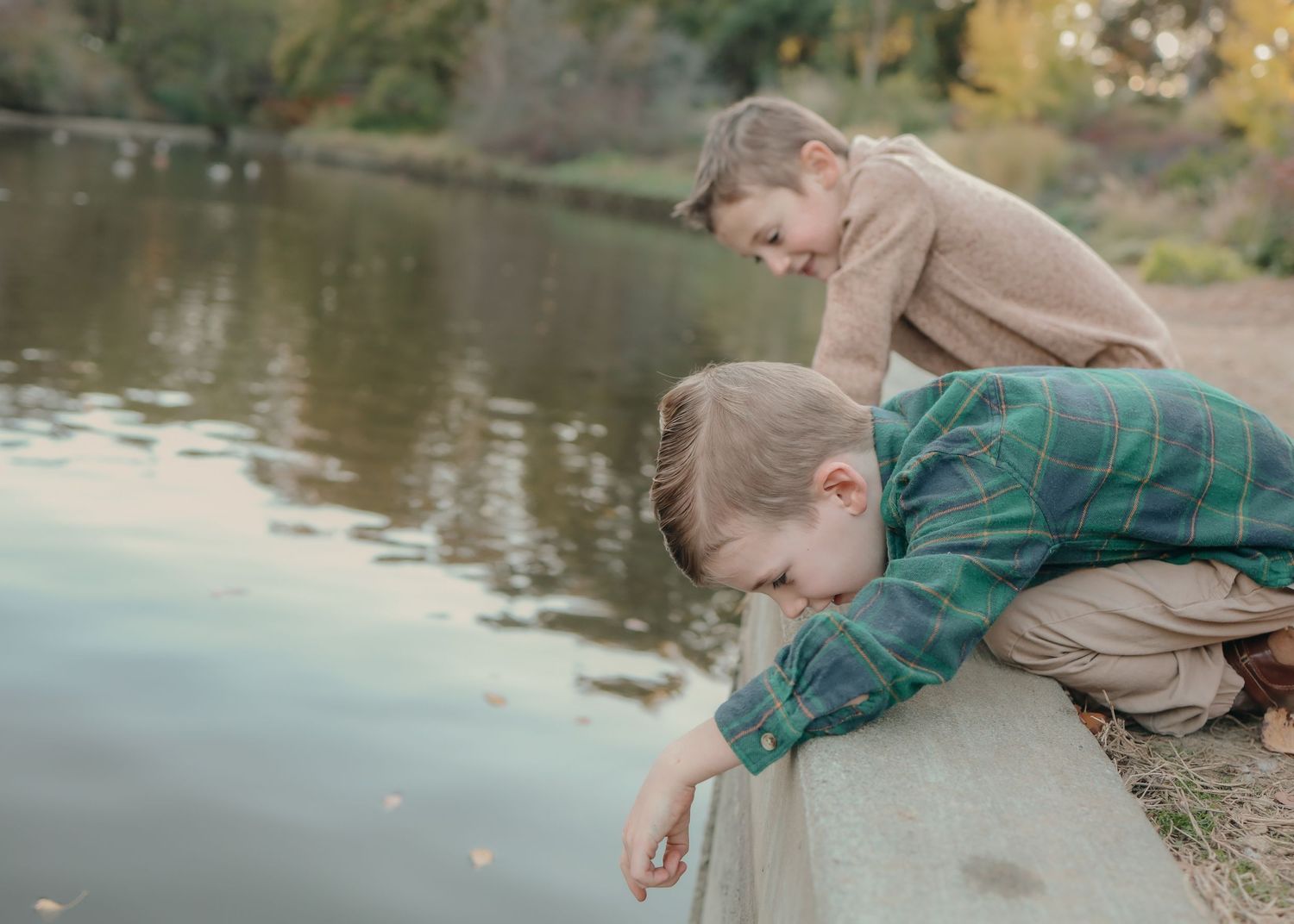 boys play at the edge of the water in the uc davis arboretum