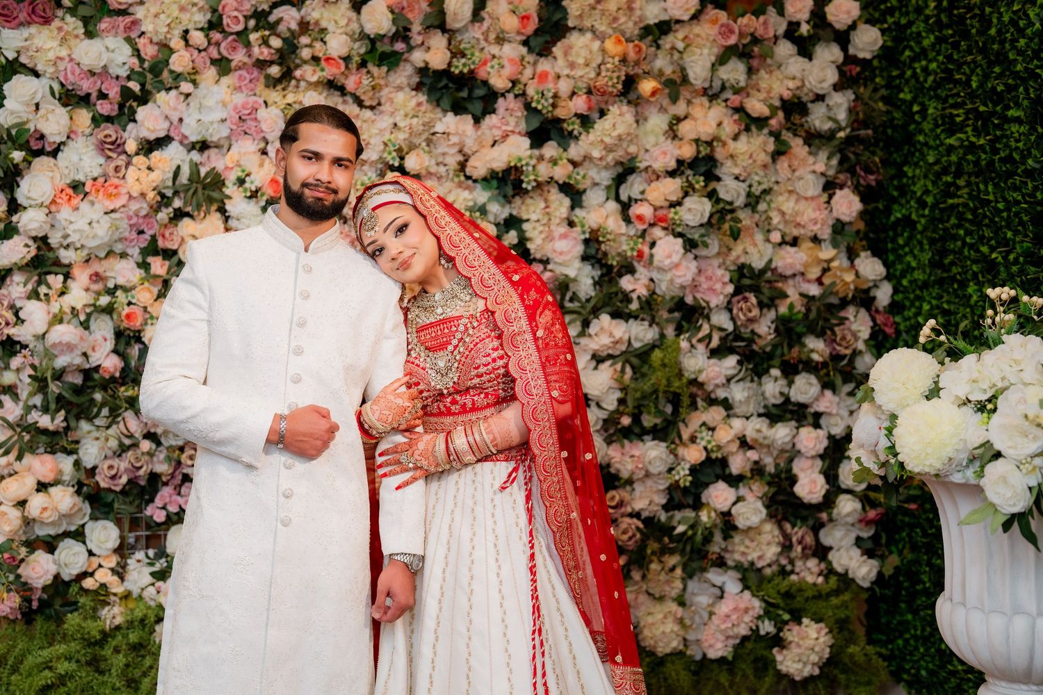 Bangladeshi bride in red and groom in white sherwani, South Asian wedding photography Sydney by Purple Bird Photo