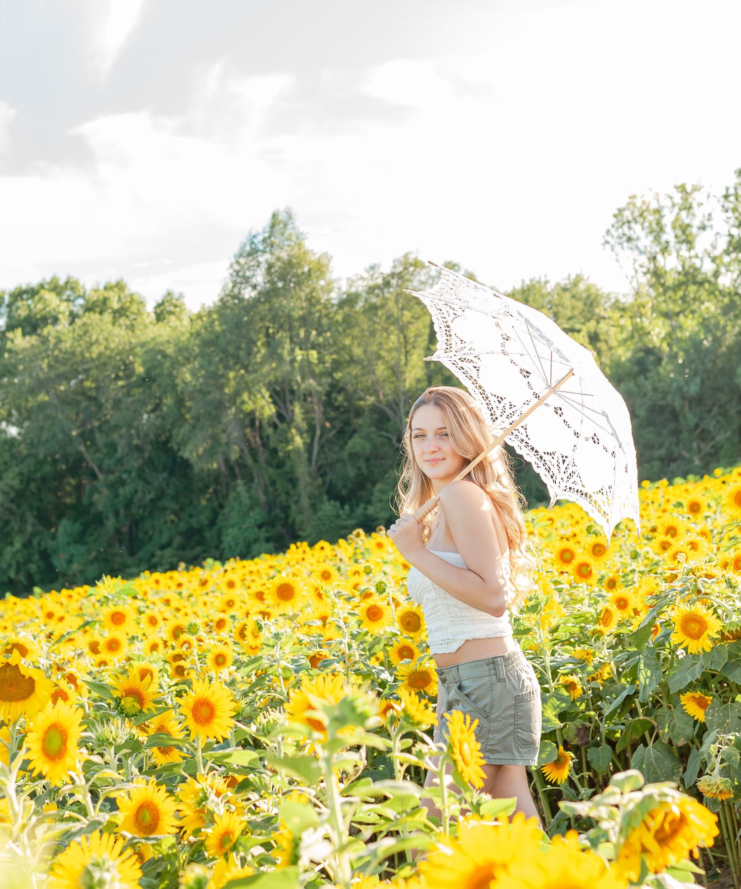 A person holds a white lace parasol while standing in a vibrant field of blooming yellow sunflowers on a sunny day.