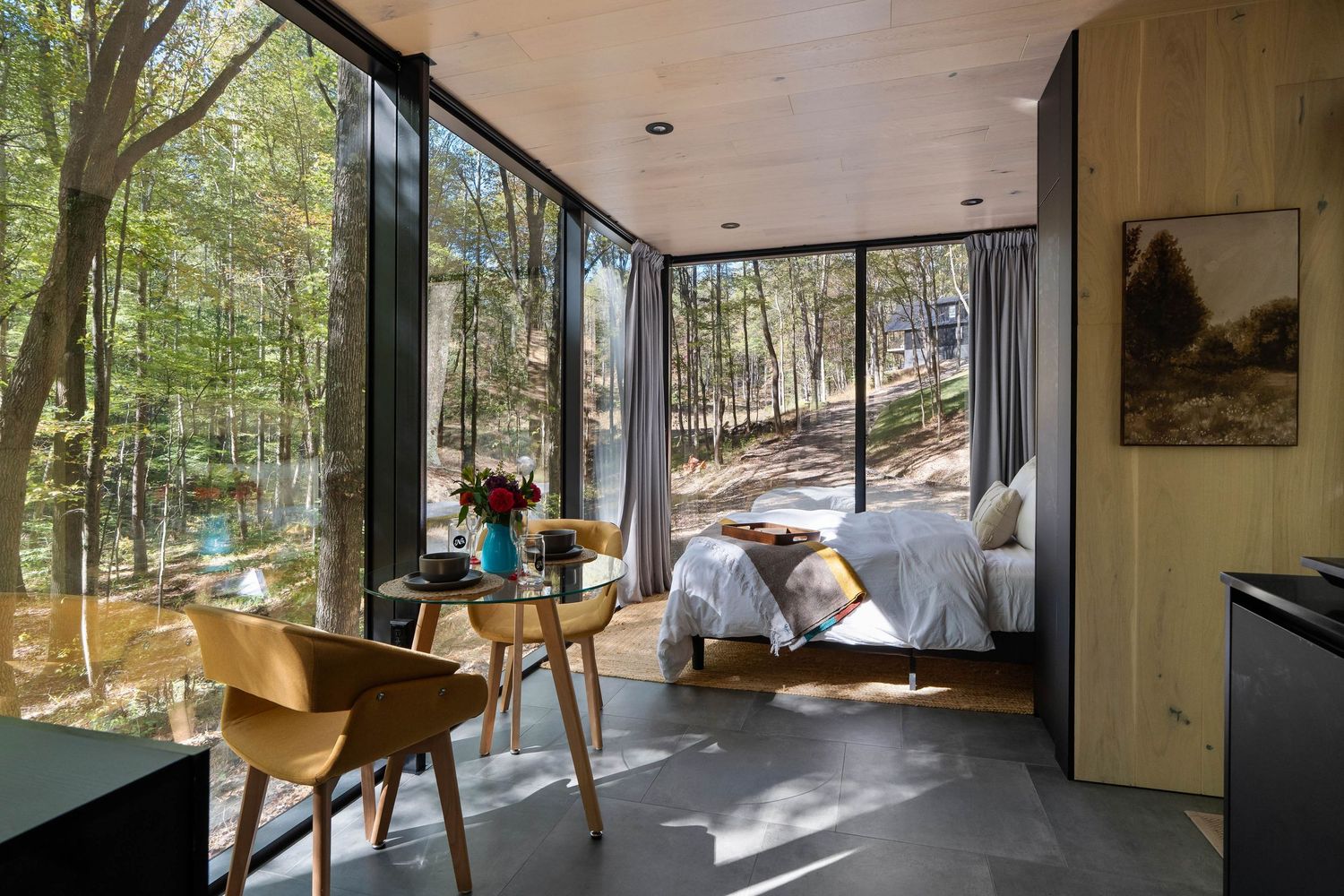 Short Term Rental AirBNB modern glass-walled cabin nestled in a wooded hillside setting with contemporary furnishings and natural light.