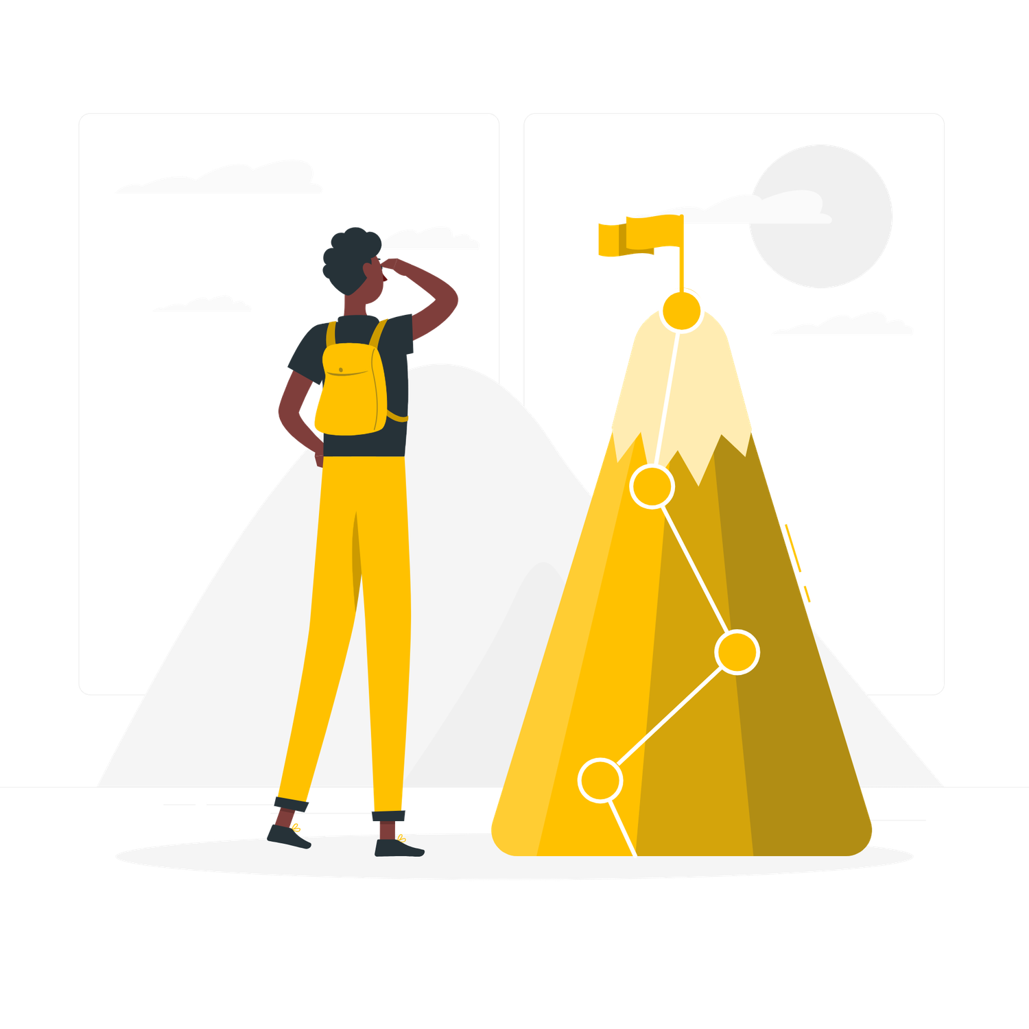 Person with backpack looking at mountain peak with mapped route representing goal achievement and vision.
