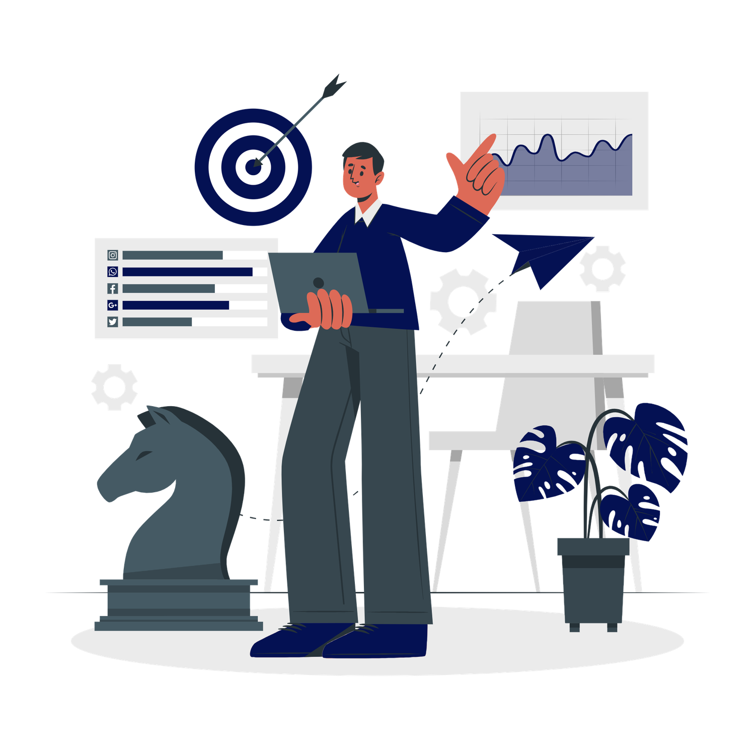 Business strategist holding laptop, pointing at growth chart with chess knight, target, and arrow icons in background.