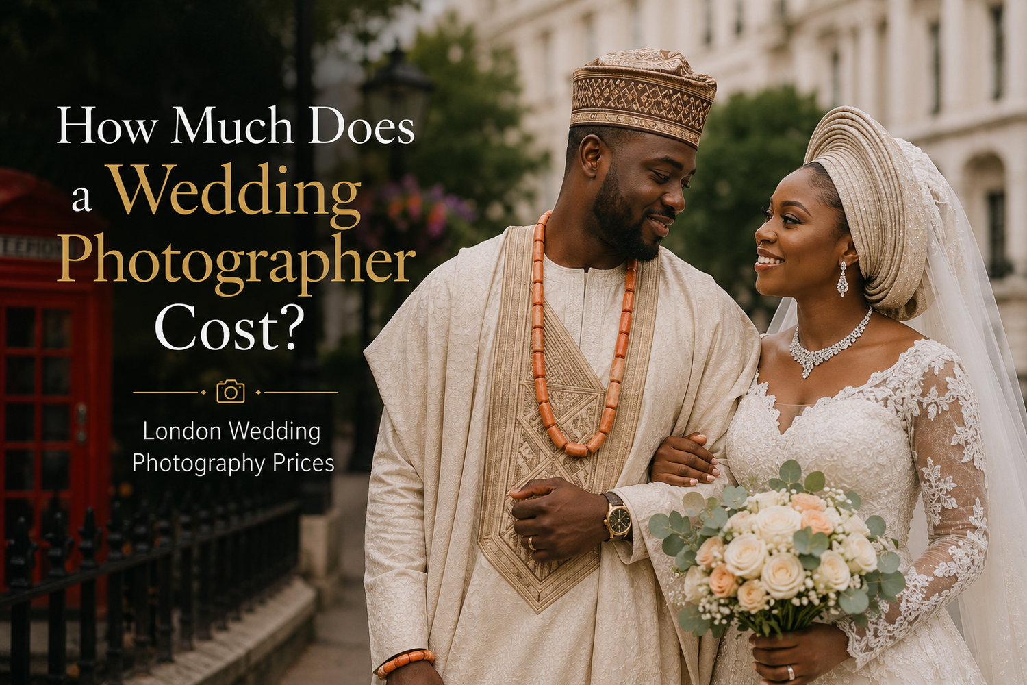 A Black couple in traditional Nigerian wedding attire poses outdoors in London, with text about wedding photography costs.