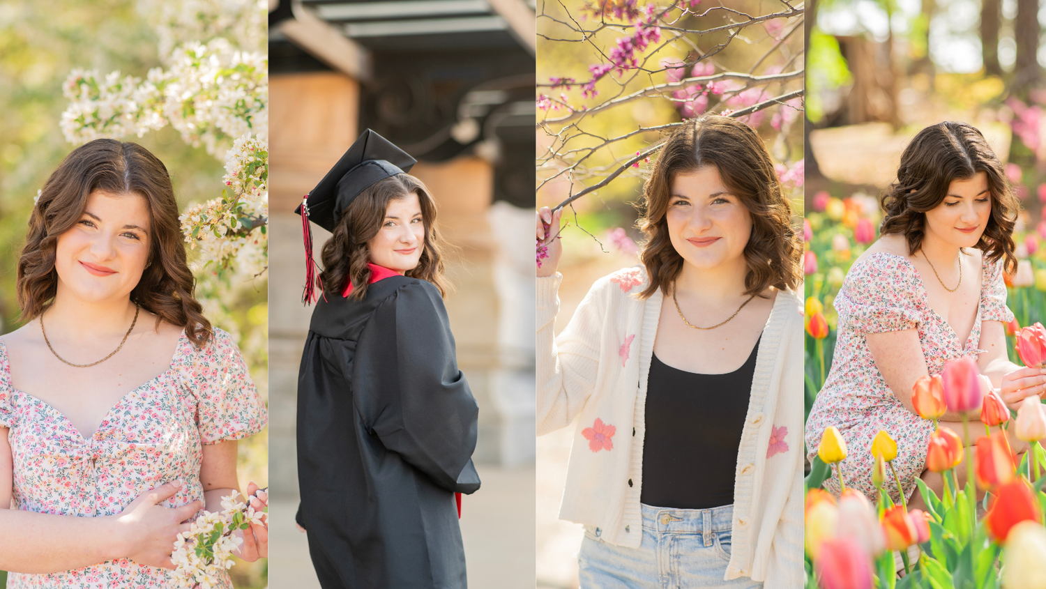 Four-panel senior portrait collage of a brunette girl in spring floral outfits among cherry blossoms and tulips.