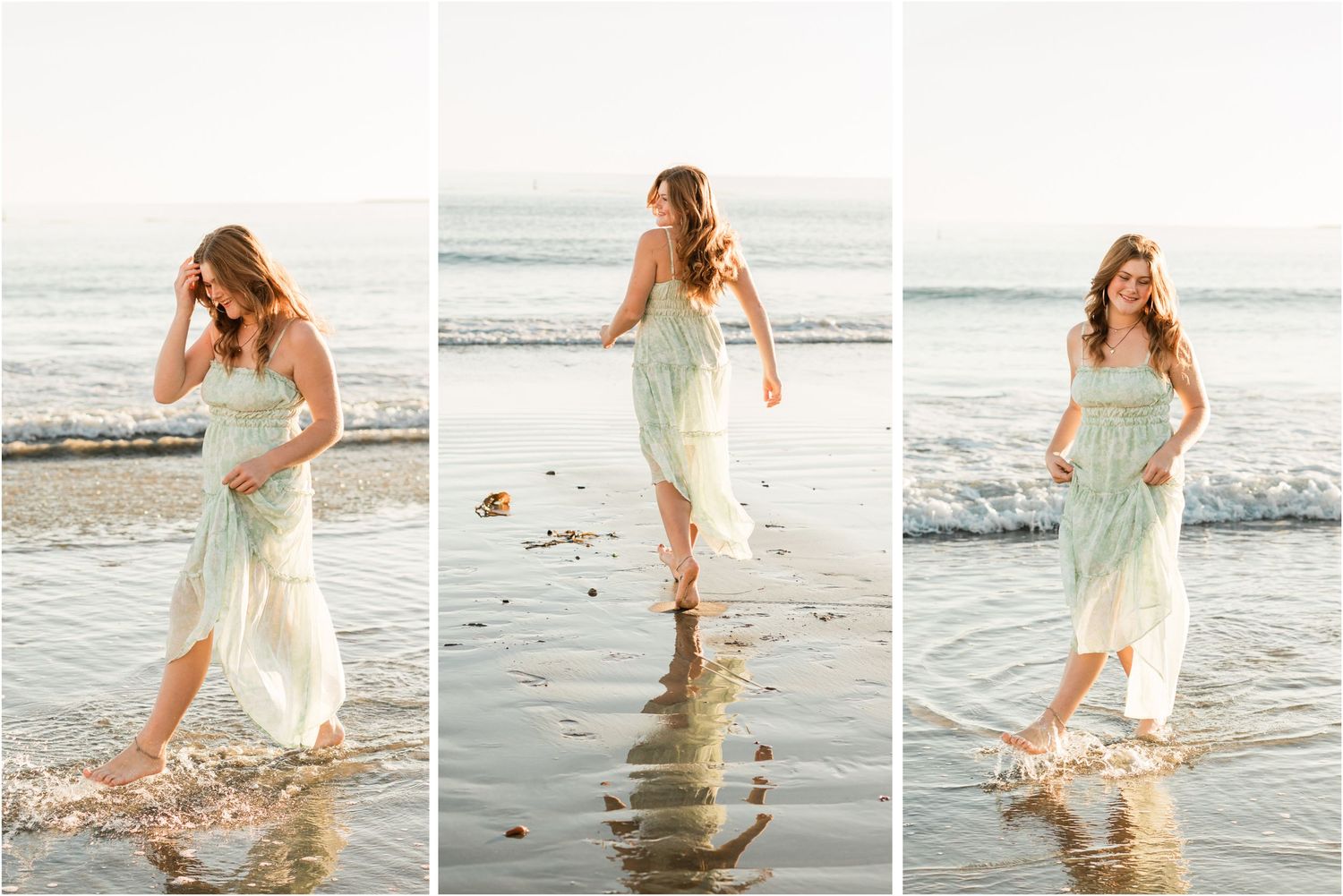 senior session for slo high school senior wearing a green flowing dress on the beach in Avila Beach on the Central Coast Senior photogher