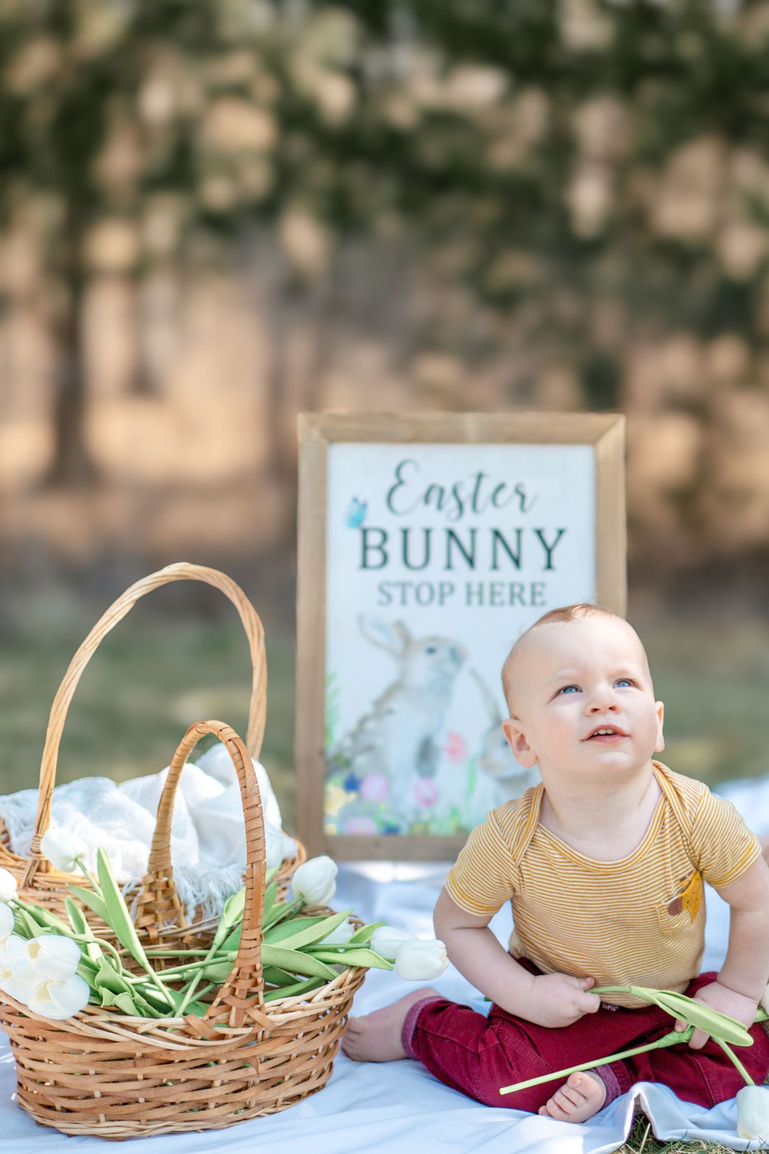 A sweet Easter holiday setup with a basket of eggs, bunting, and a small child sitting next to an Easter Bunny sign.