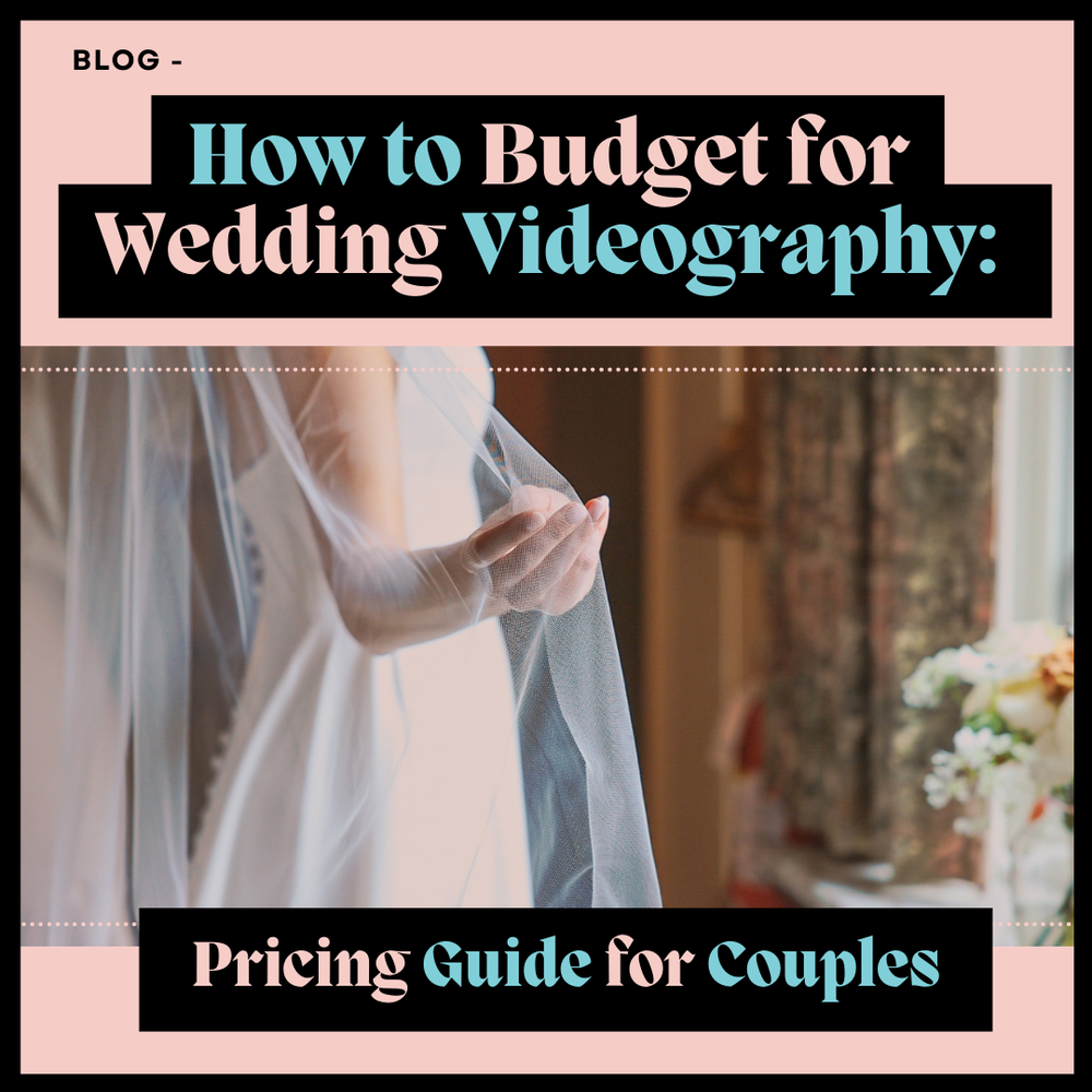 Blog post title for wedding videography pricing guide with elegant veil and floral details in pink and teal tones.