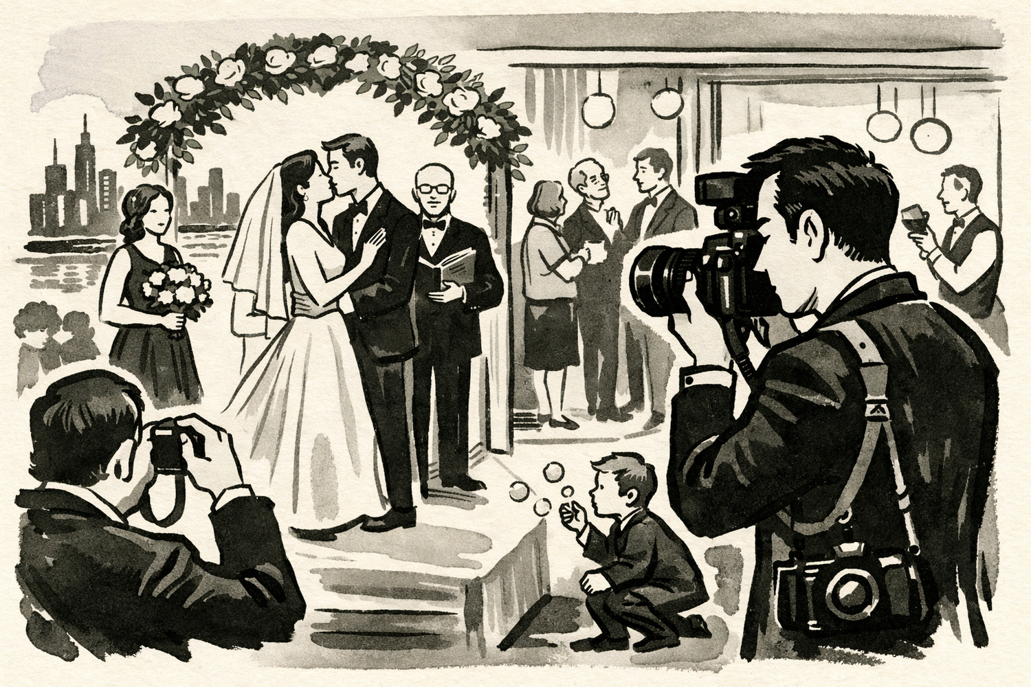 Elegant wedding ceremony setup with black chiavari chairs and white floral arrangements in a modern indoor venue.