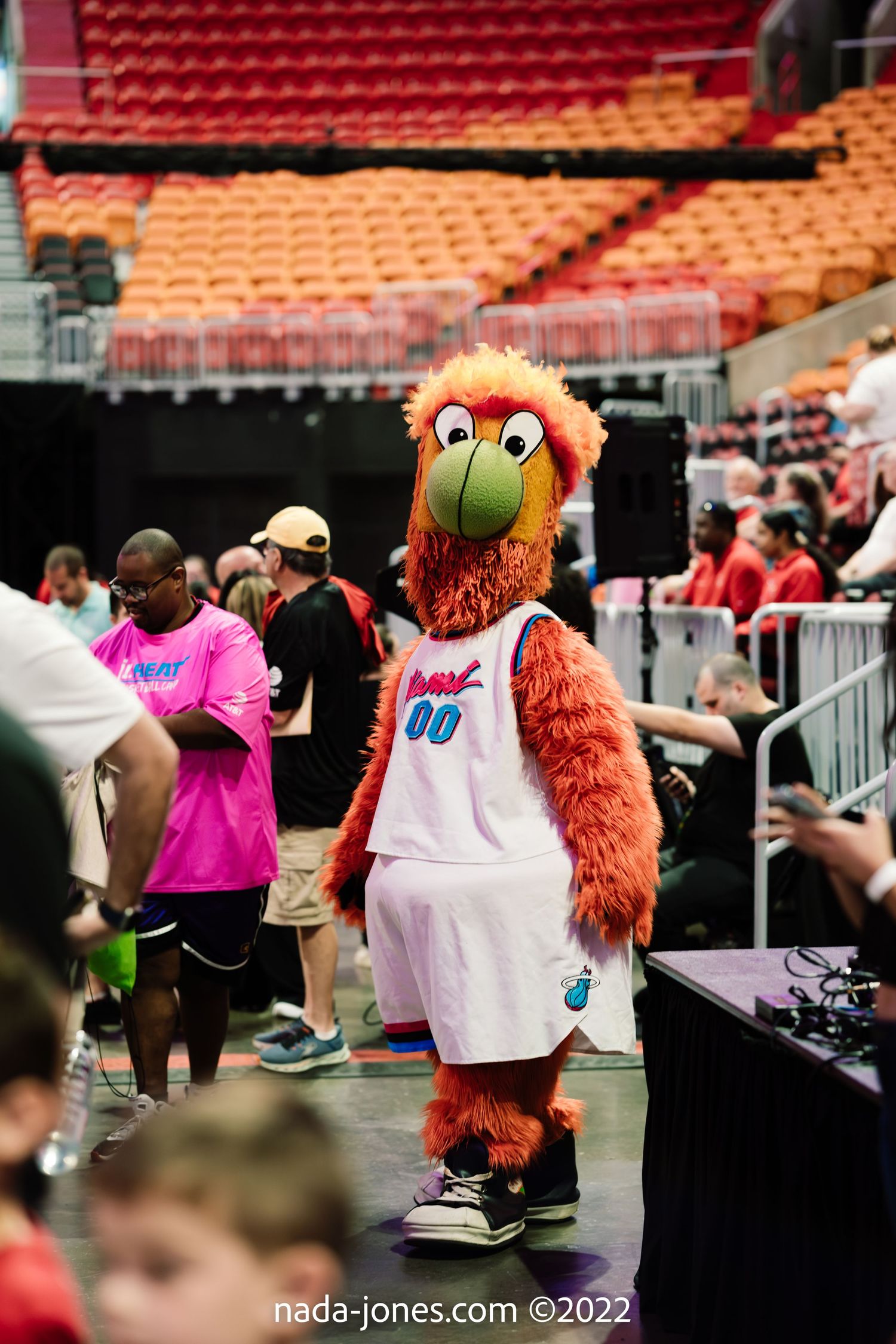 A person in a pink shirt and mascot character in orange fur interact at a sports venue during an event.