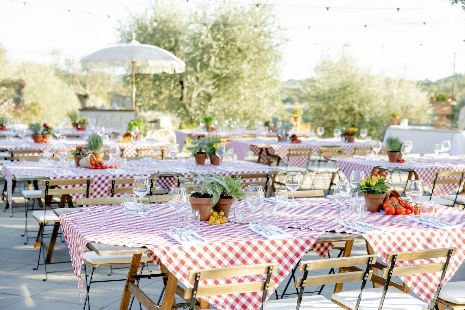 Outdoor dining tables with red gingham tablecloths, potted plants, and rustic wooden chairs set for an al fresco event.