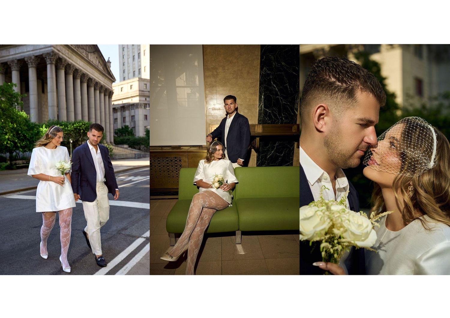 Couple in white outfits pose on NYC street, romantic close-up of bride with bouquet, and elegant indoor wedding portrait.