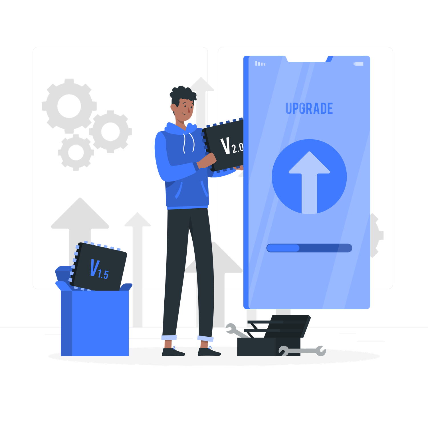 Illustration of a person upgrading software from version 1.5 to 2.0 on a mobile device with tools nearby.