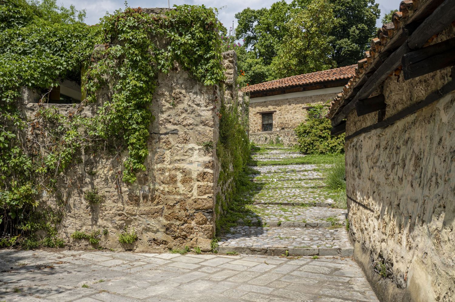 Stone pathway with ancient walls winds through a historic village with lush greenery and rustic architecture.