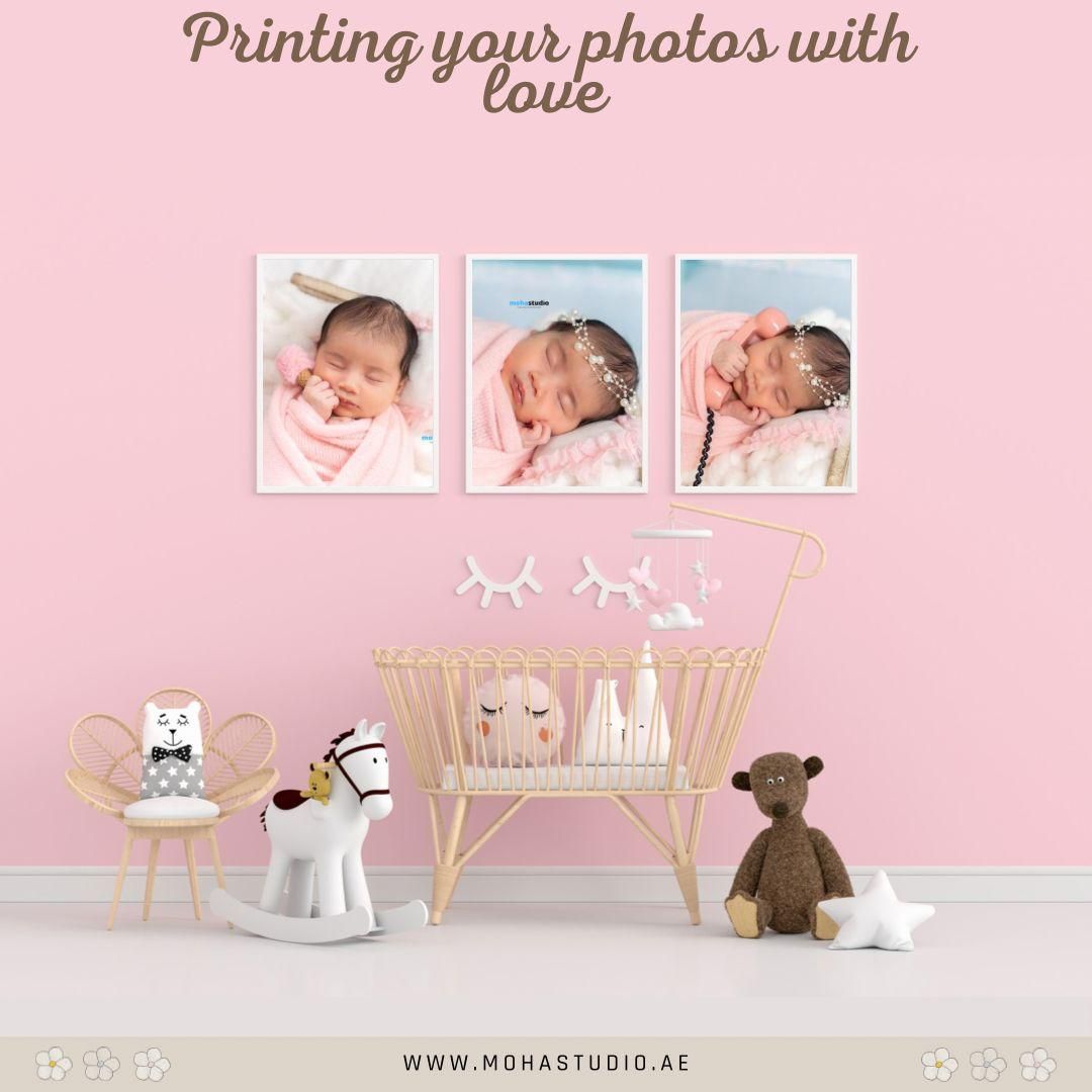 Stylish nursery decor collage with stuffed toys, white furniture, and pink walls showcasing photo printing options.