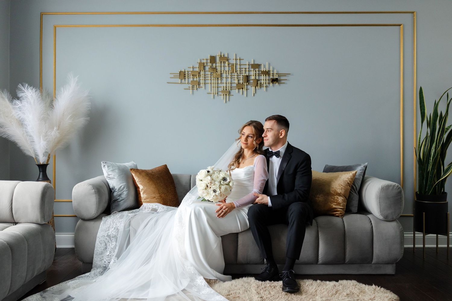 Bride and groom relaxed indoor portrait photographed by Tom Forrest from Hudson, Ohio.
