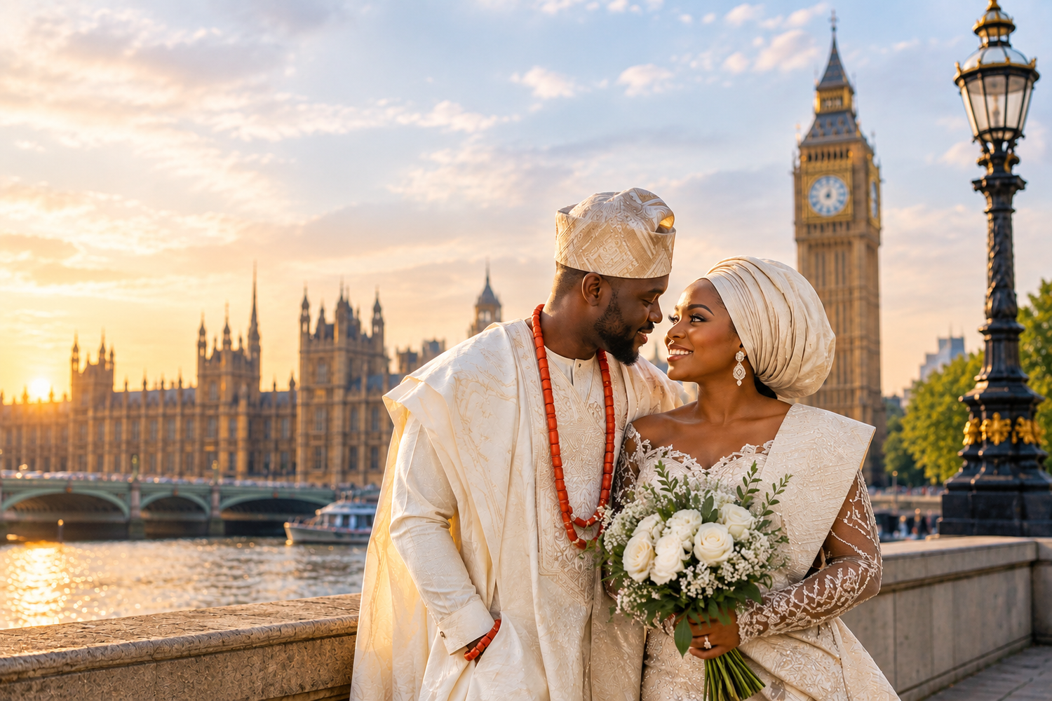 Bride and groom share a romantic moment in front of an ornate fountain, bride holding a bouquet in a white gown.