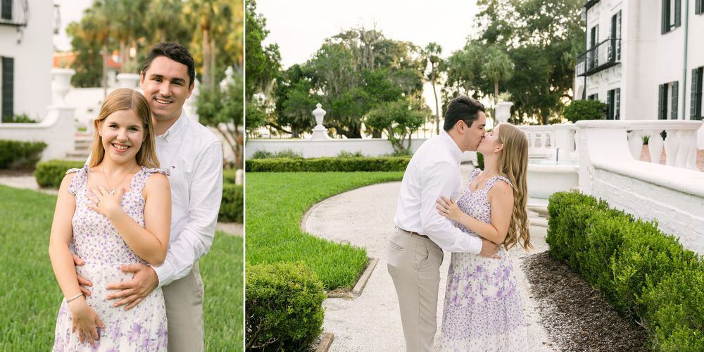 Engagement of young couple featuring a couple kissing on a garden path beside a historic white cottage in Florida and Georgia