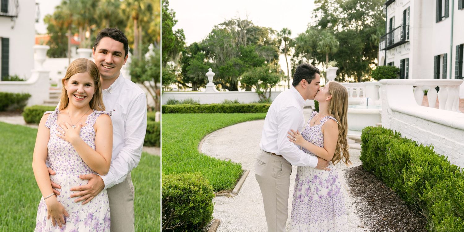 Engagement of young couple featuring a couple kissing on a garden path beside a historic white cottage in Florida and Georgia