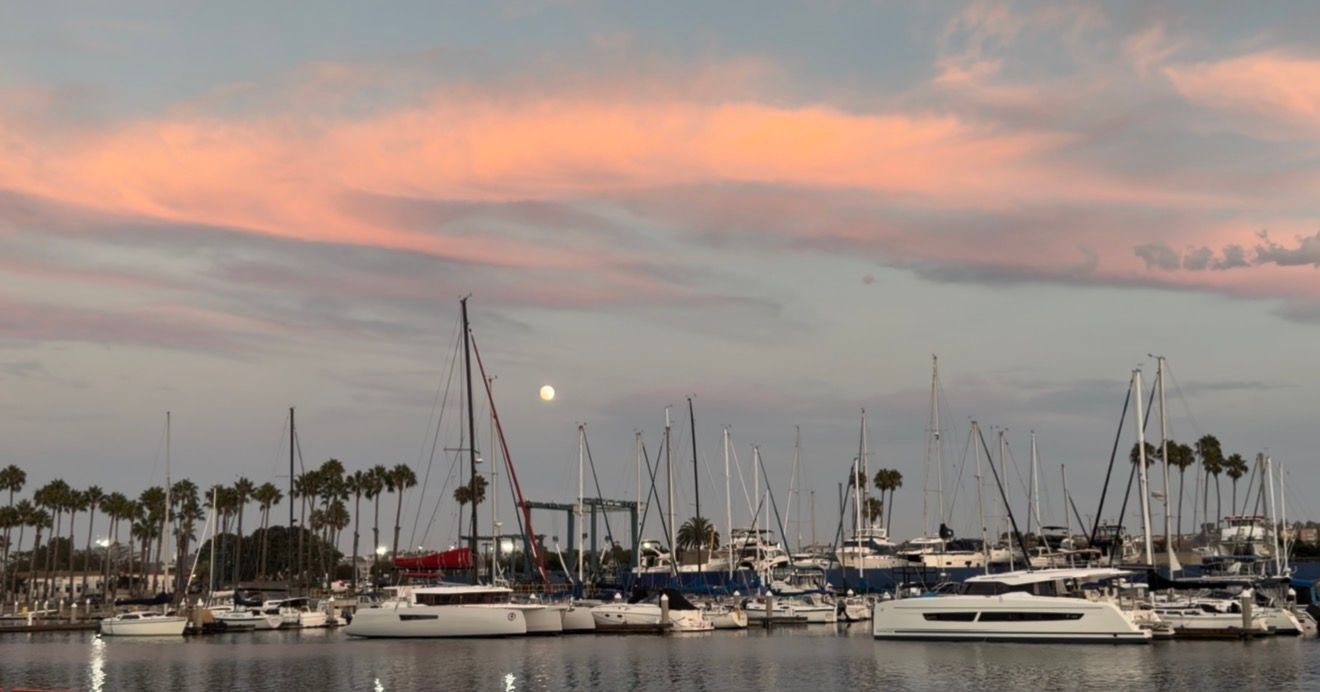 Sailboats docked at a marina during a stunning pink and blue sunset with a full moon rising over palm trees.
