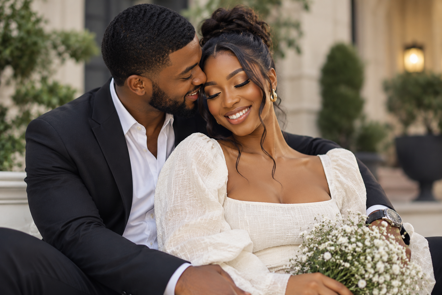 A joyful couple in elegant attire shares a romantic moment, the woman holding a bouquet of white flowers.