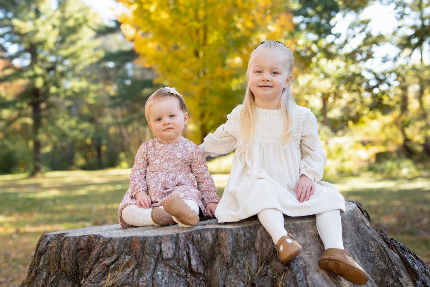 Siblings portraits in autumn’s fall foliage in Sudbury, MA with Leah Ramuglia Photography.
