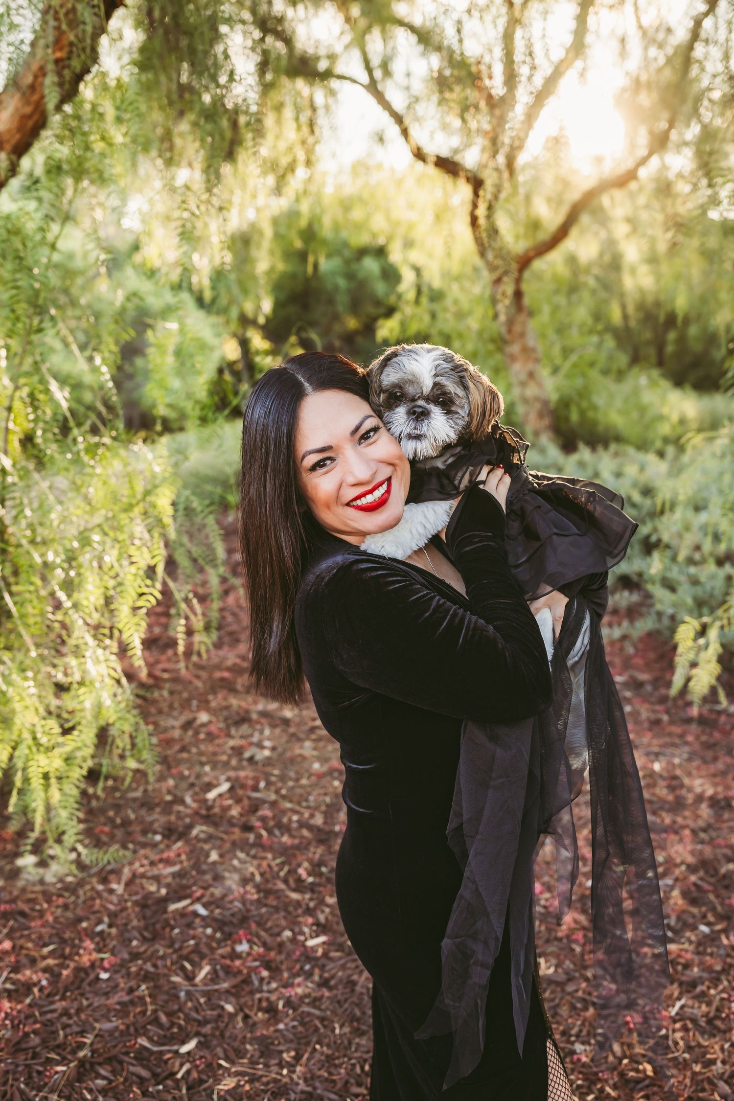 A series of outdoor portrait photographs taken under willow trees with dappled sunlight filtering through the branches.