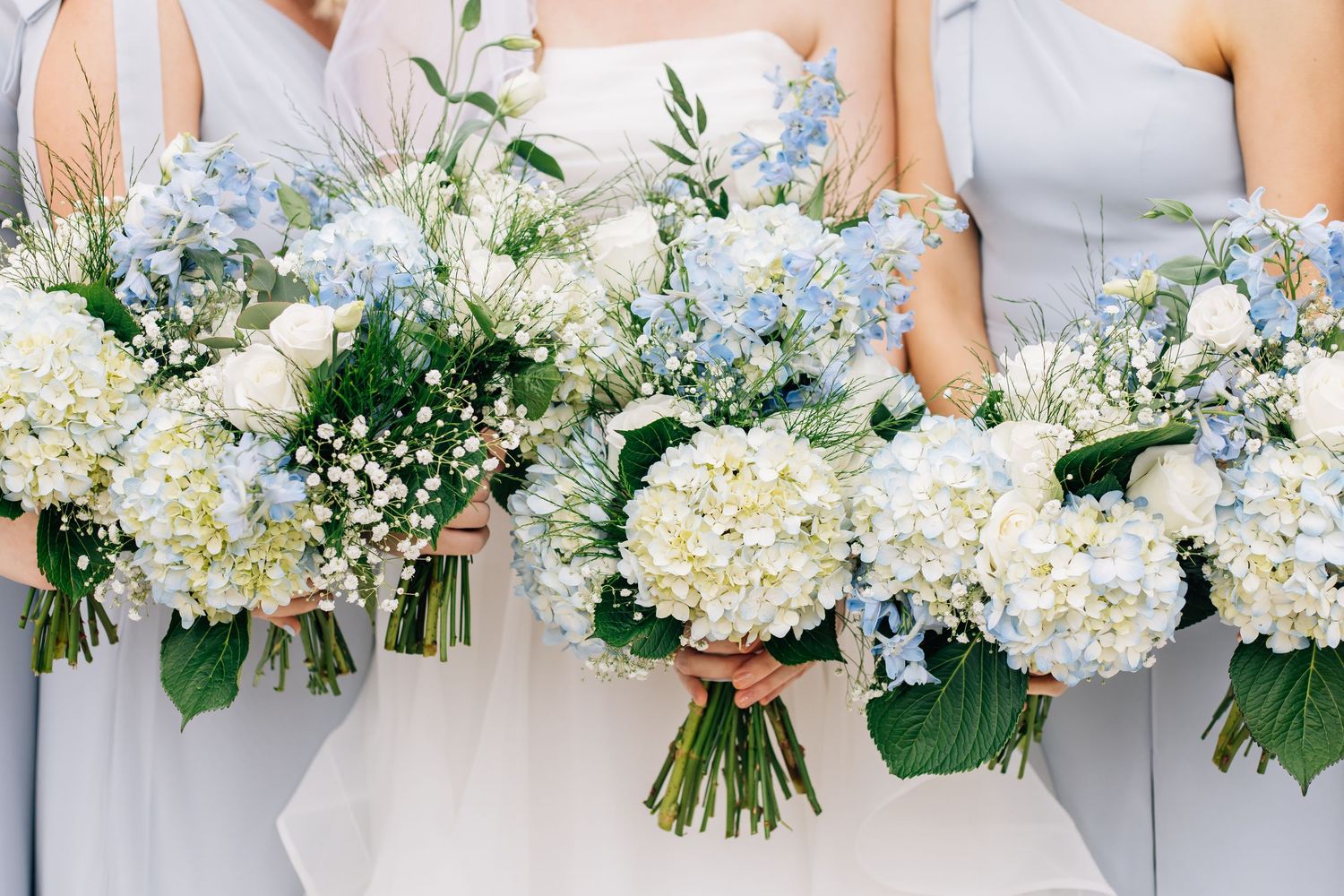 Elegant wedding bouquets featuring white hydrangeas, blue delphinium, and baby's breath held against light gray dresses.