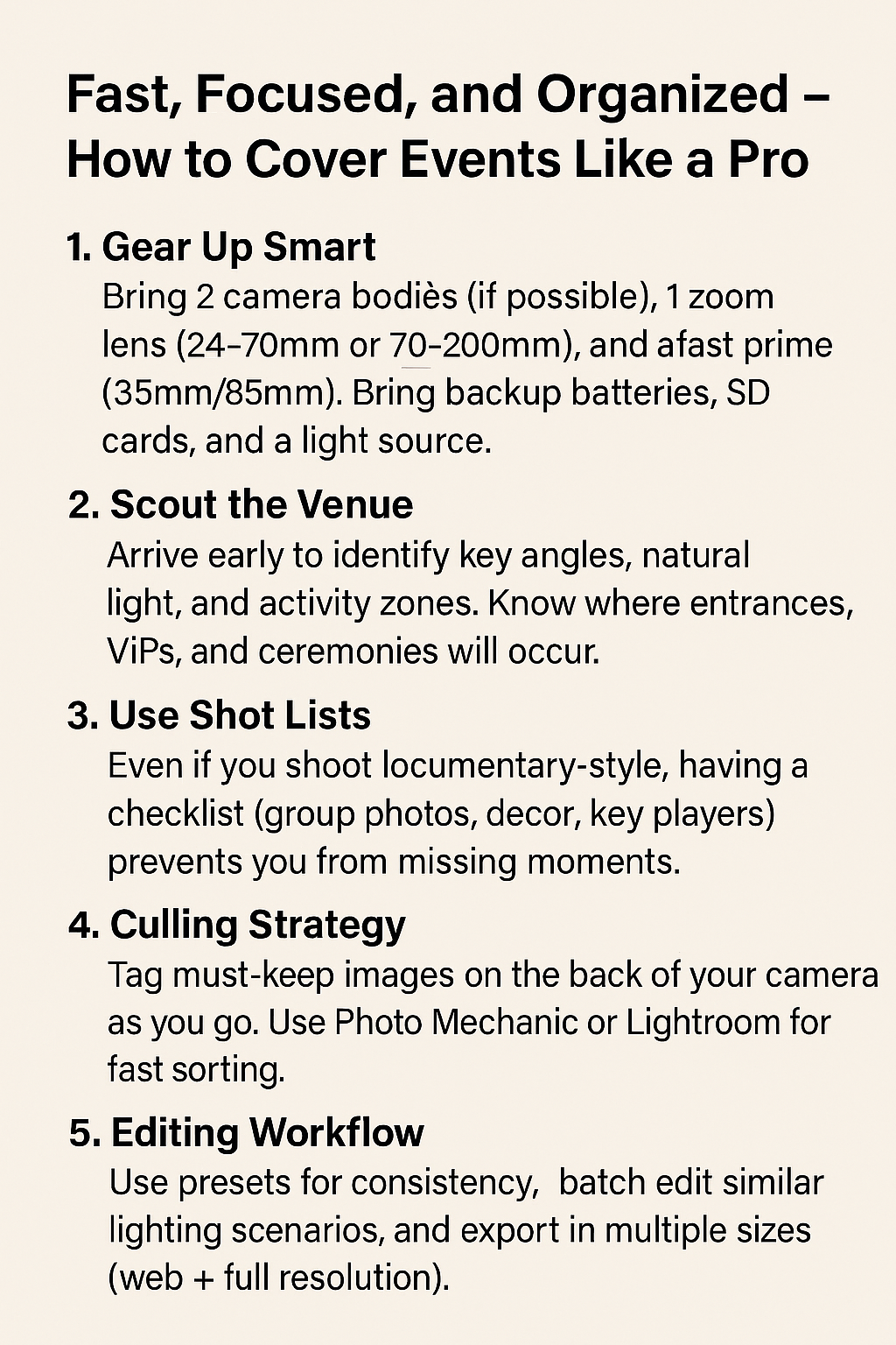 Infographic showing five key tips for professional event photography including gear preparation, venue scouting, and workflow management.