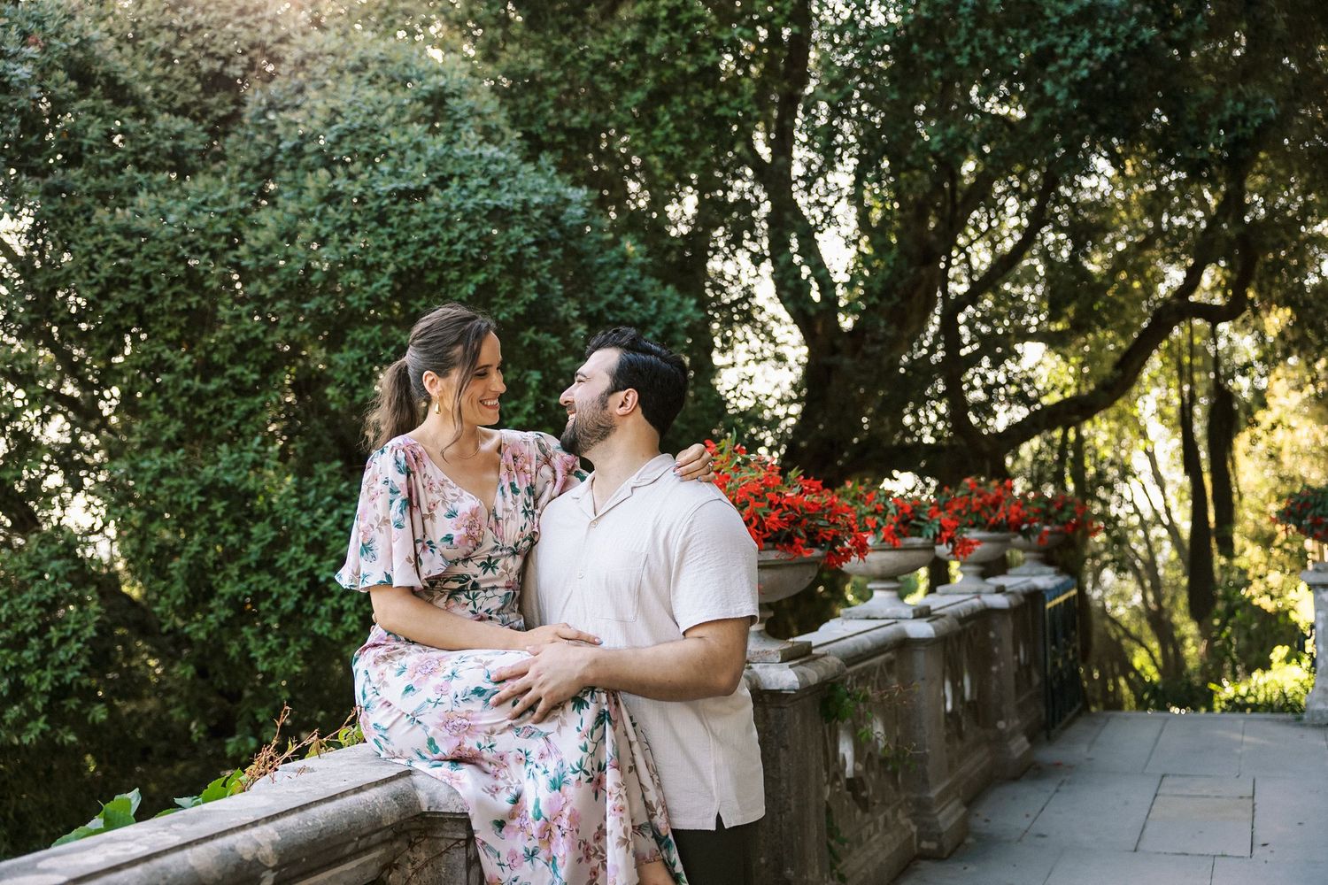 Intimate editorial engagement portrait in natural light in Sintra