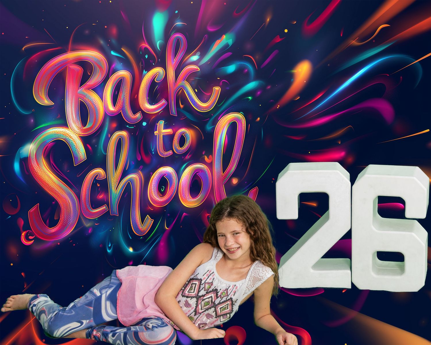 Back to School 28 text graphic with vibrant swirling colors and a person lounging in front of neon display.