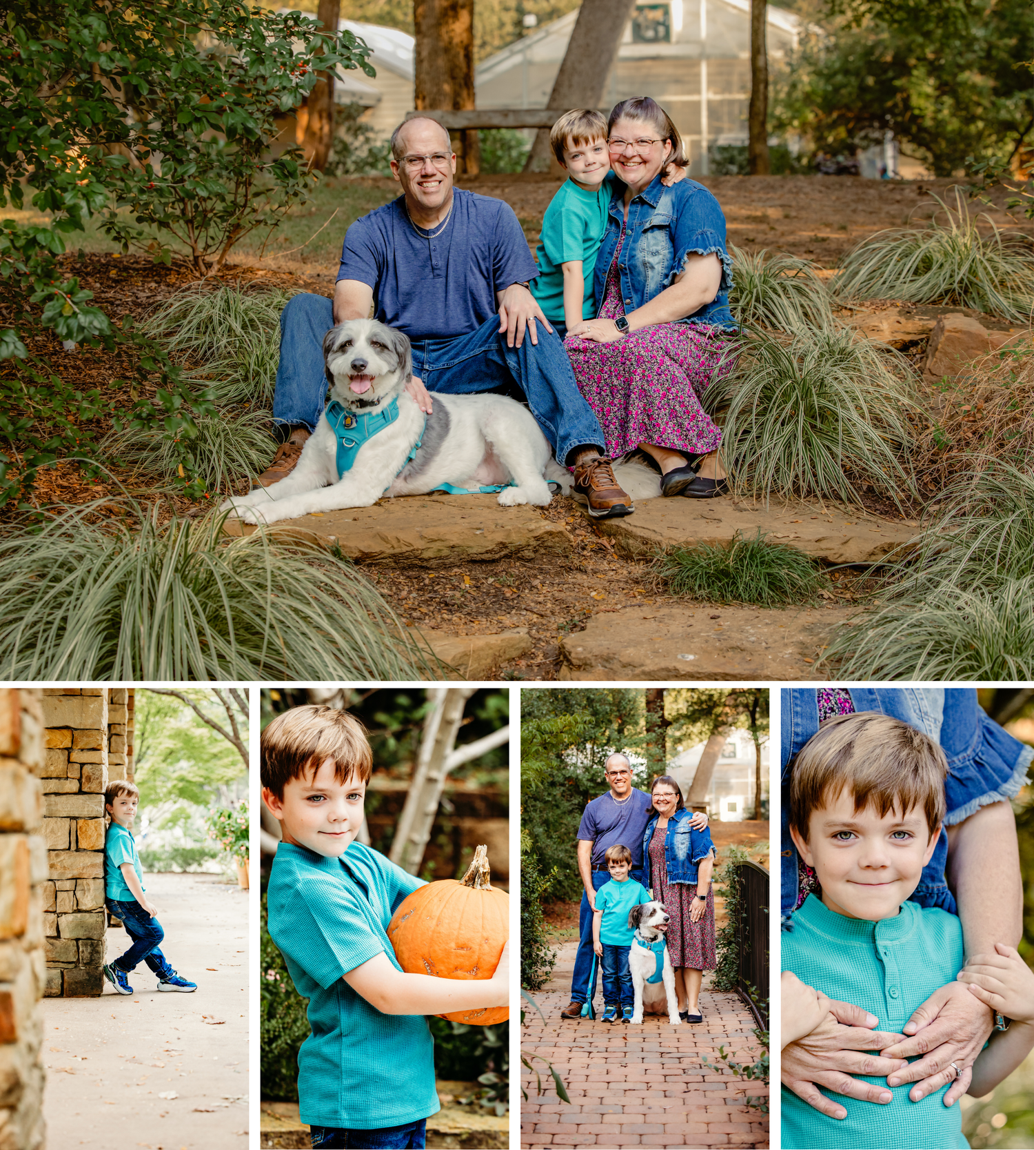A collection of outdoor family lifestyle photos showing candid moments, play time, and interactions in a natural setting.