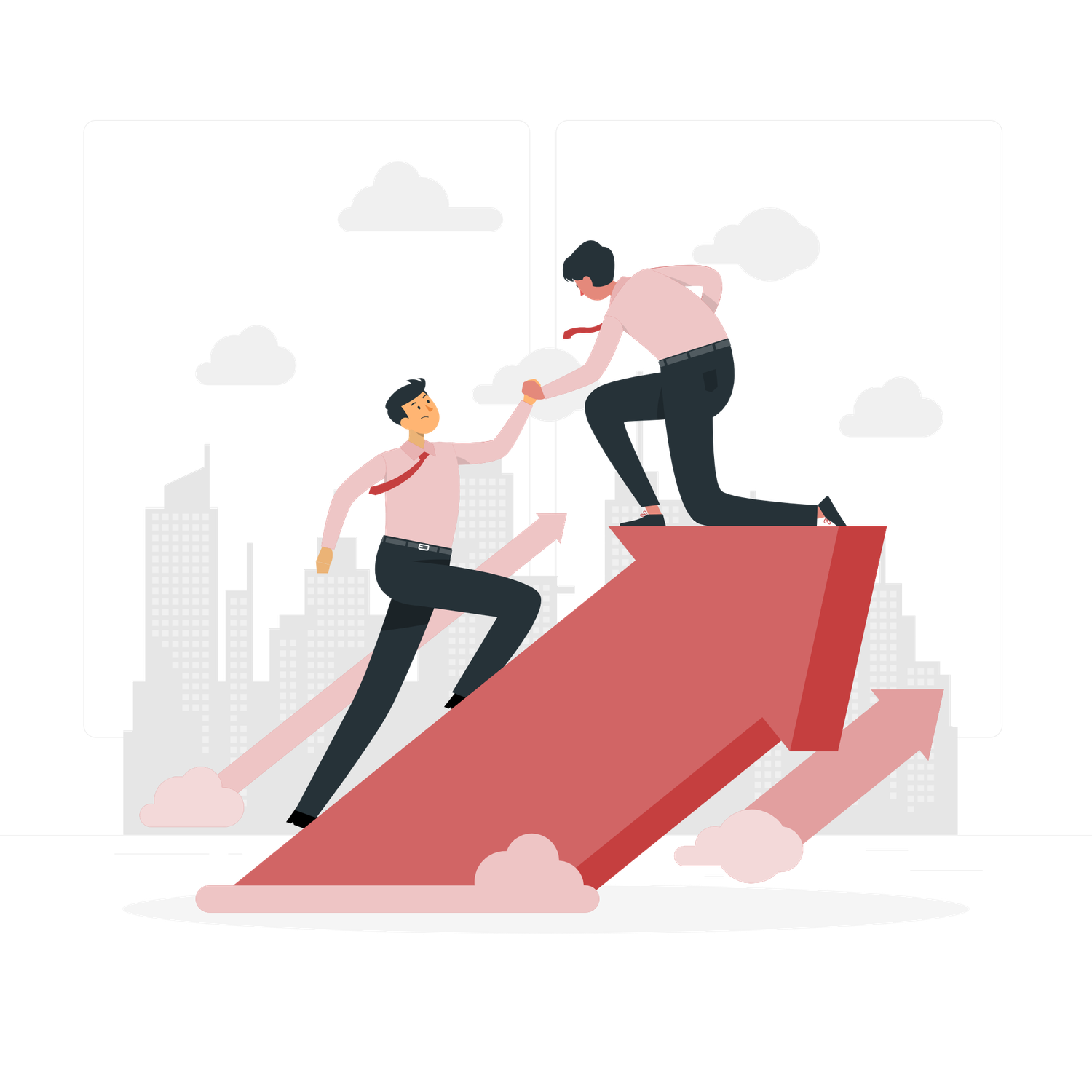 Two businessmen helping each other climb a red arrow graph, symbolizing teamwork, growth, and success.