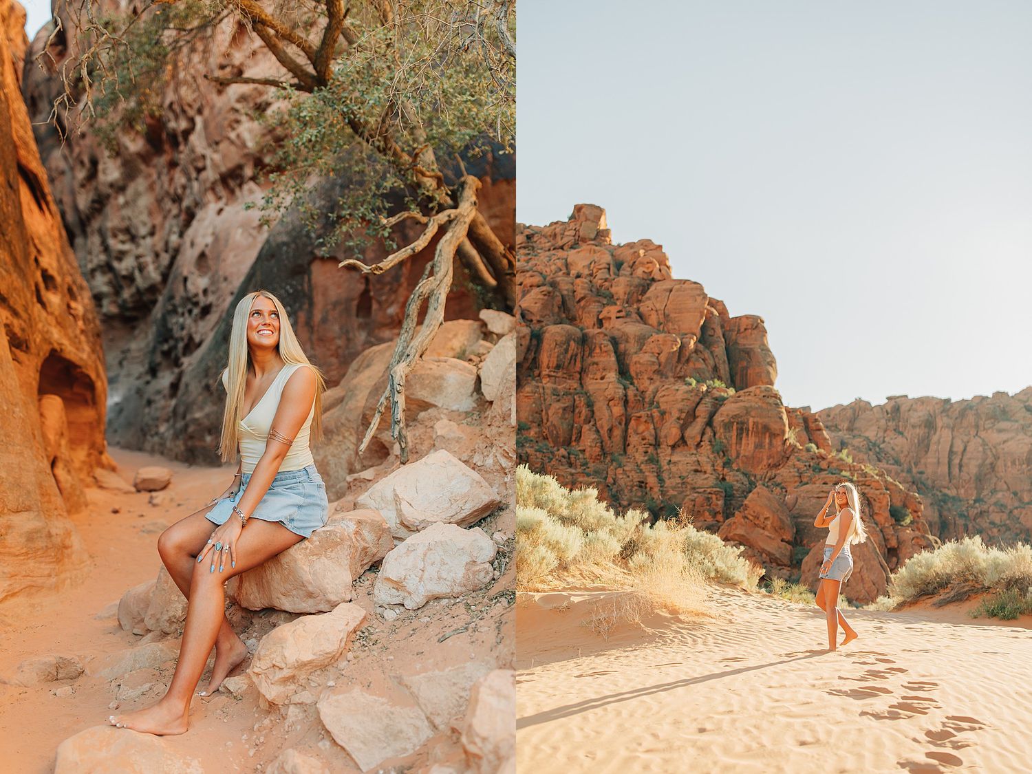 Blonde woman in white top and denim shorts leaning against red rock canyon walls in a narrow slot canyon.