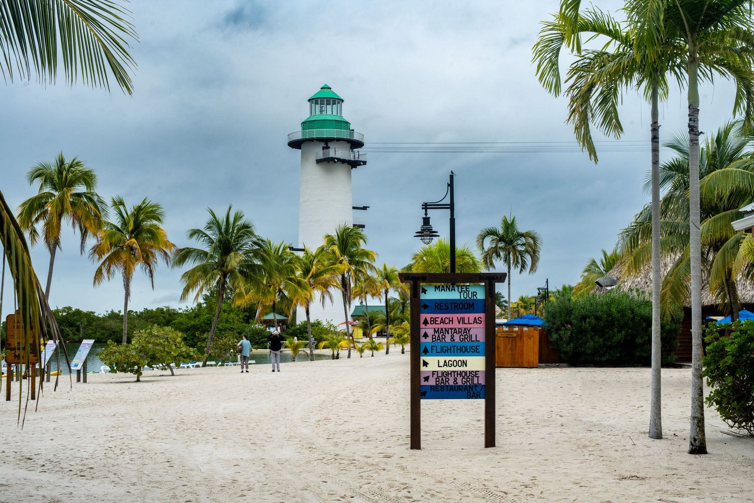 White lighthouse surrounded by palm trees on a sandy beach with a directional sign under cloudy skies.