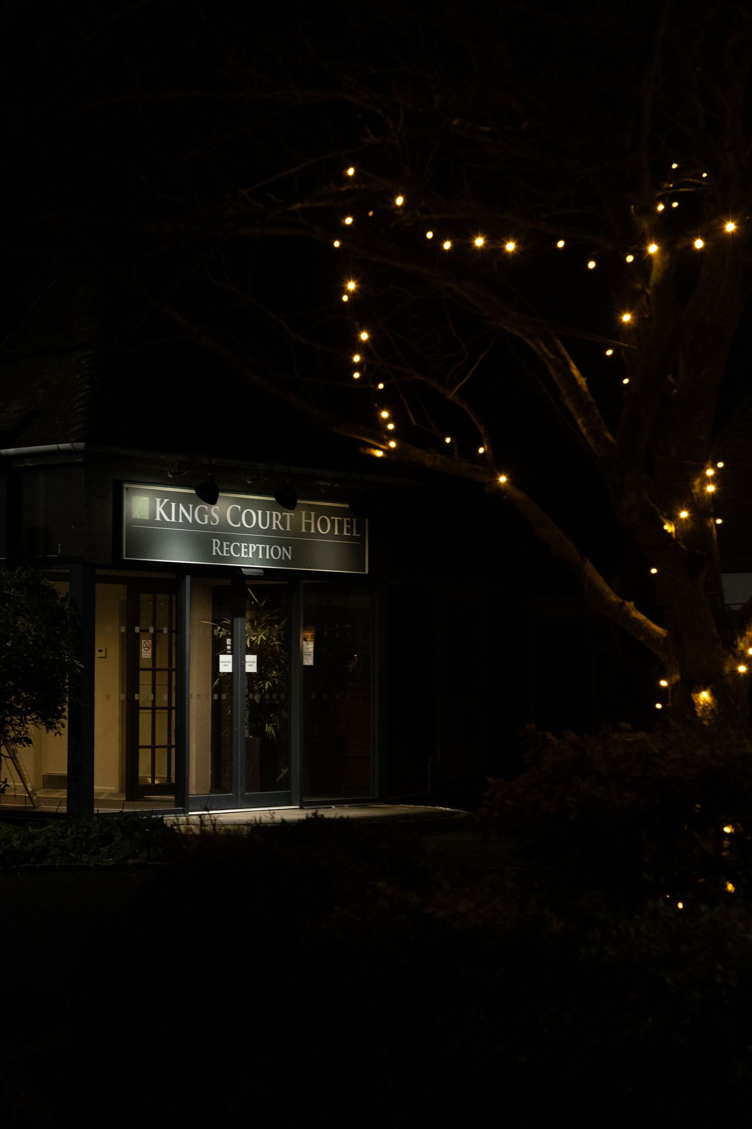 String lights illuminate a dark exterior of Kings Court Hotel at night creating a warm, inviting ambiance.