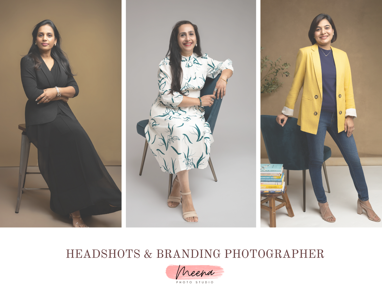 Three professional women pose confidently in stylish outfits for a headshots and branding photography session.