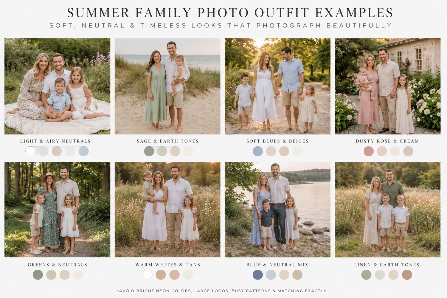 A collage of summer family photo outfit ideas featuring soft, neutral, and timeless looks in sage, cream, blue, and earth tones.