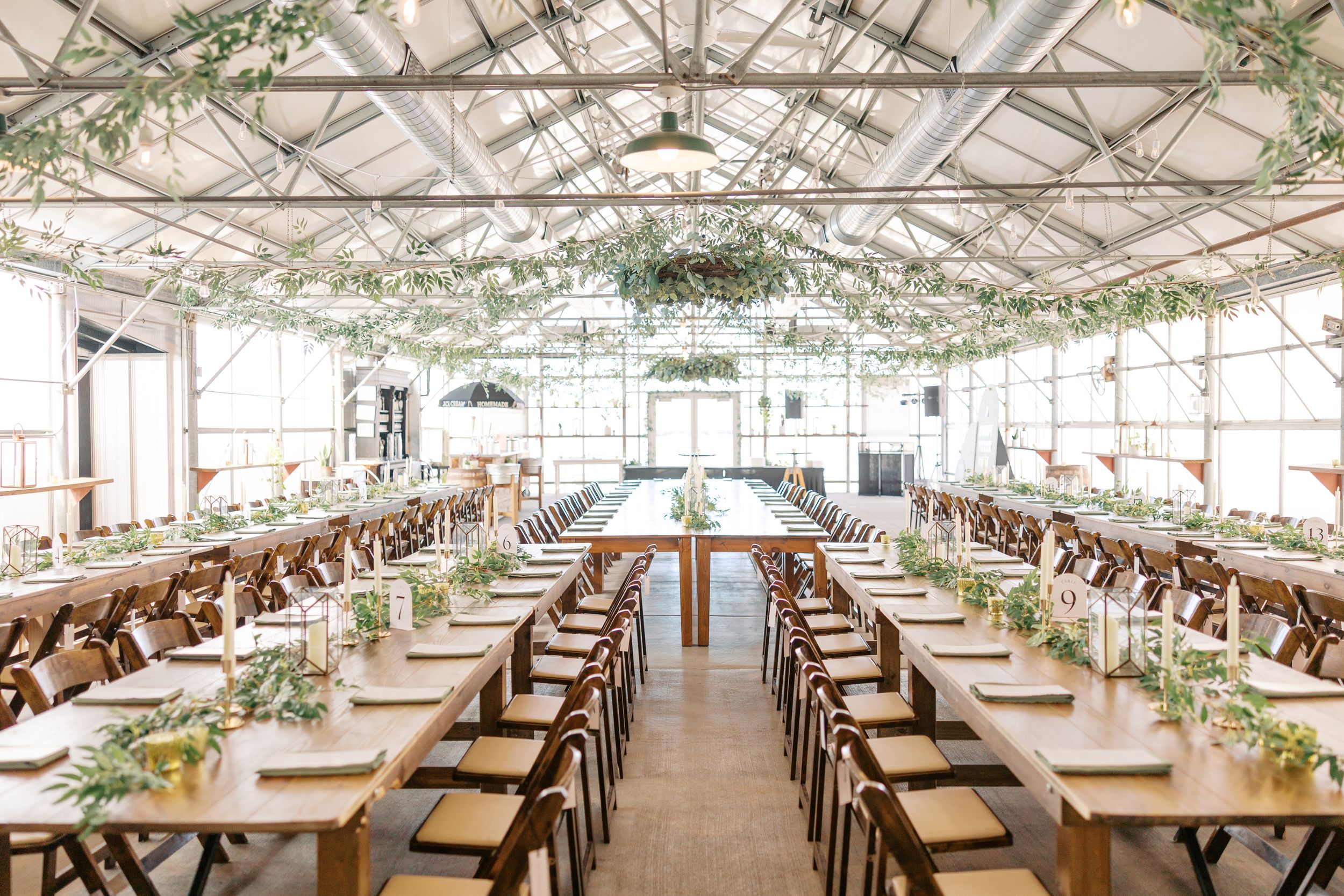 Long wooden dining tables set for an elegant greenhouse reception with natural light and hanging greenery decorations.