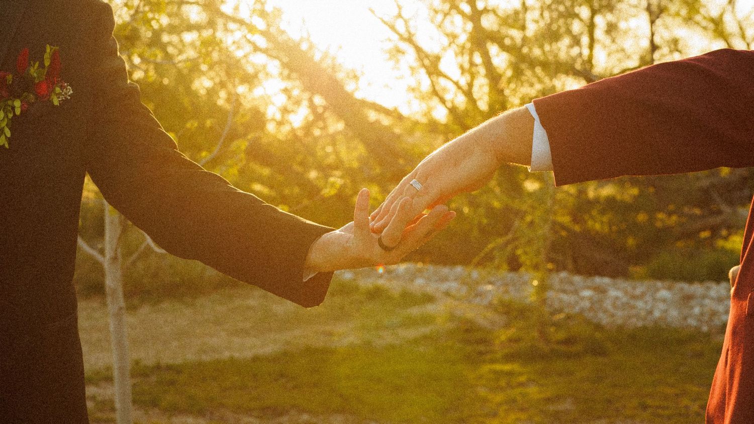 Two people holding hands in a romantic sunset with golden sunlight filtering through trees in the background.
