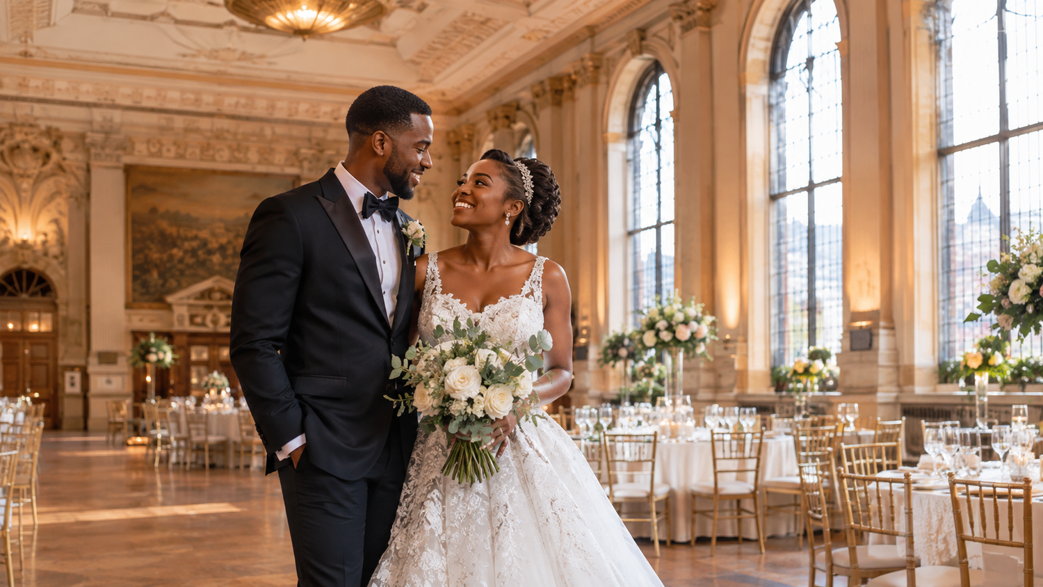 Bride and groom share a romantic moment in front of an ornate fountain, bride holding a bouquet in a white gown.