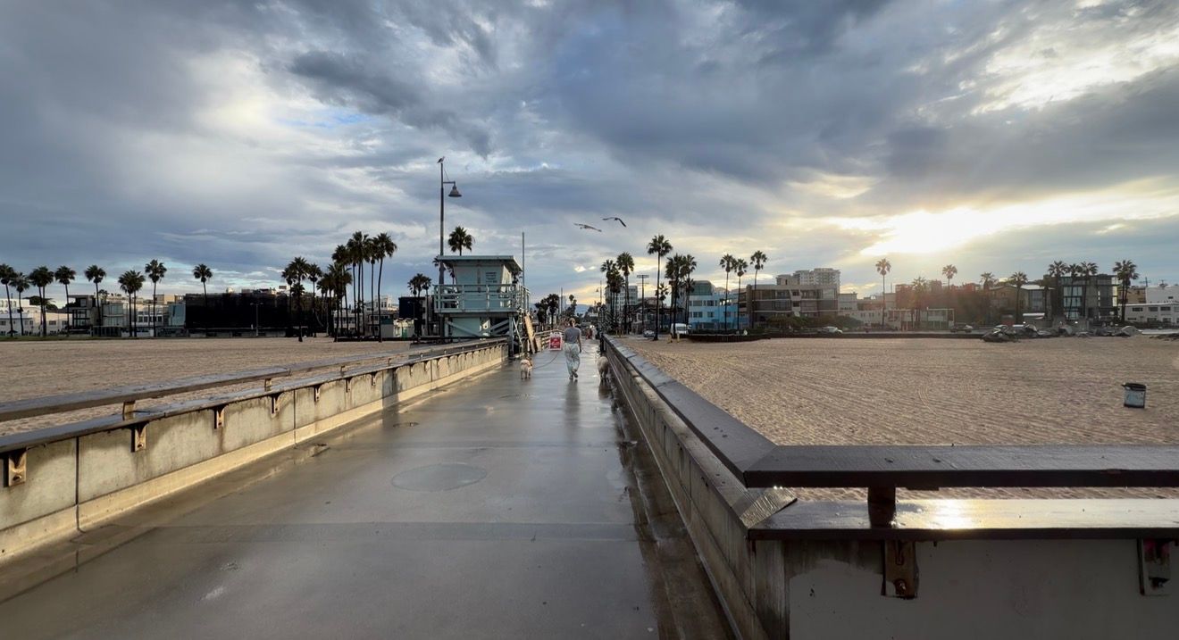 Venice Beach boardwalk at dusk with palm trees, cloudy sky, and coastal buildings in Los Angeles, California.