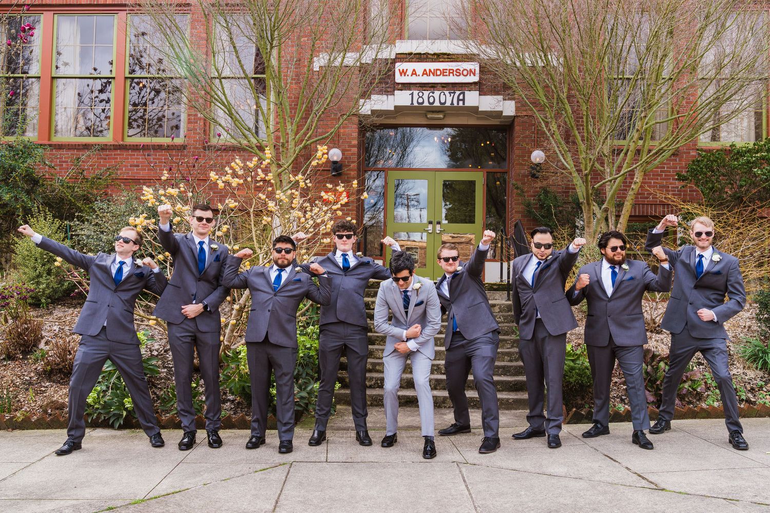 A panoramic photo sequence shows a group of people in formal attire sitting on a bench outside a brick building.